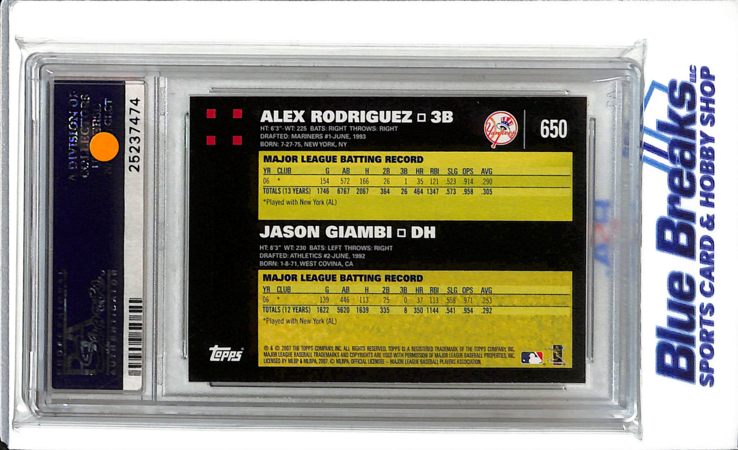 2007 Topps - Classic Combo - Alex Rodriguez - Jason Giambi - #650 - PSA 10 - baseball - Yankees