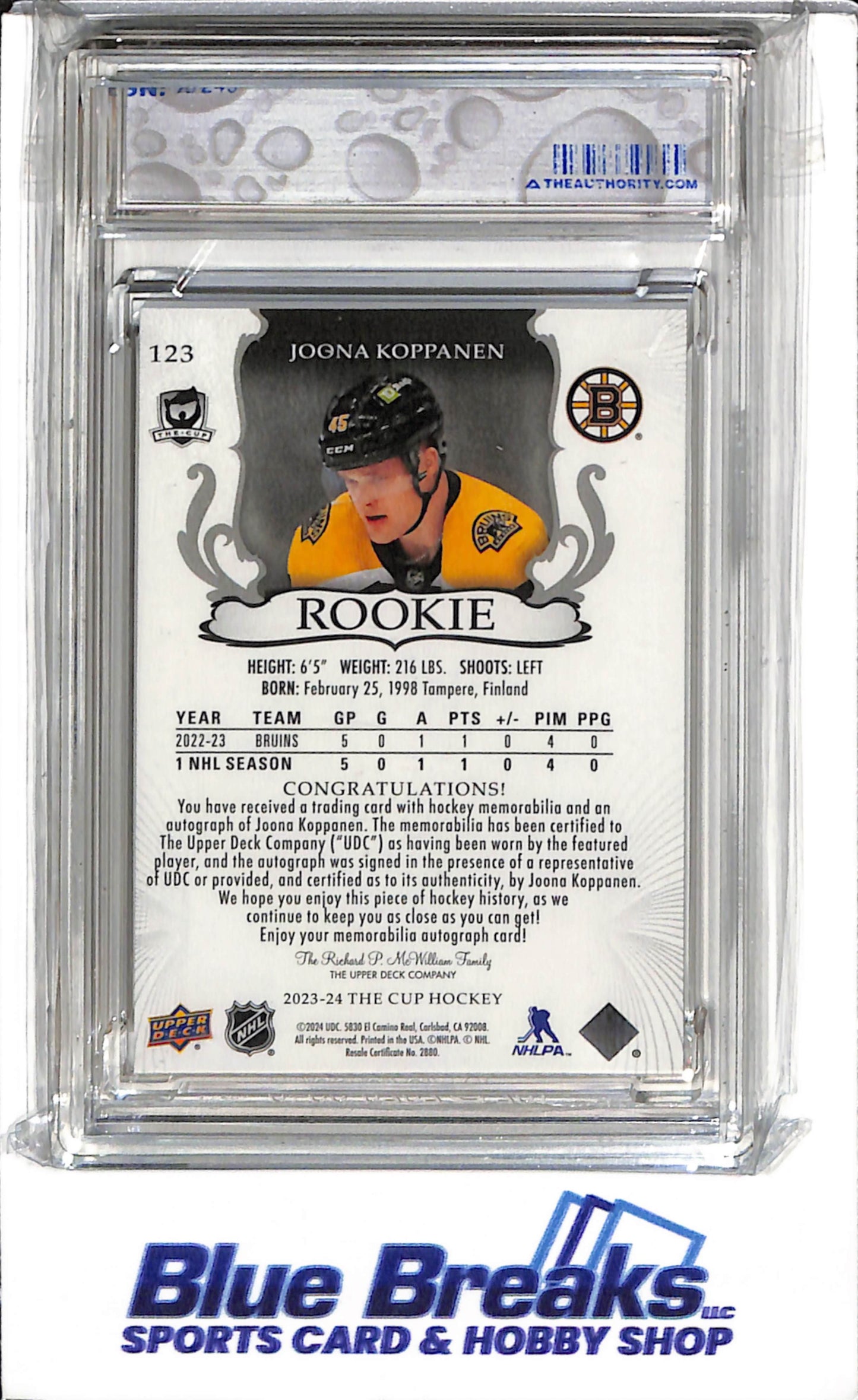 2023-24 Upper Deck The Cup - Auto Patch - Joona Koppanen - #123 - Ice Hockey - Bruins