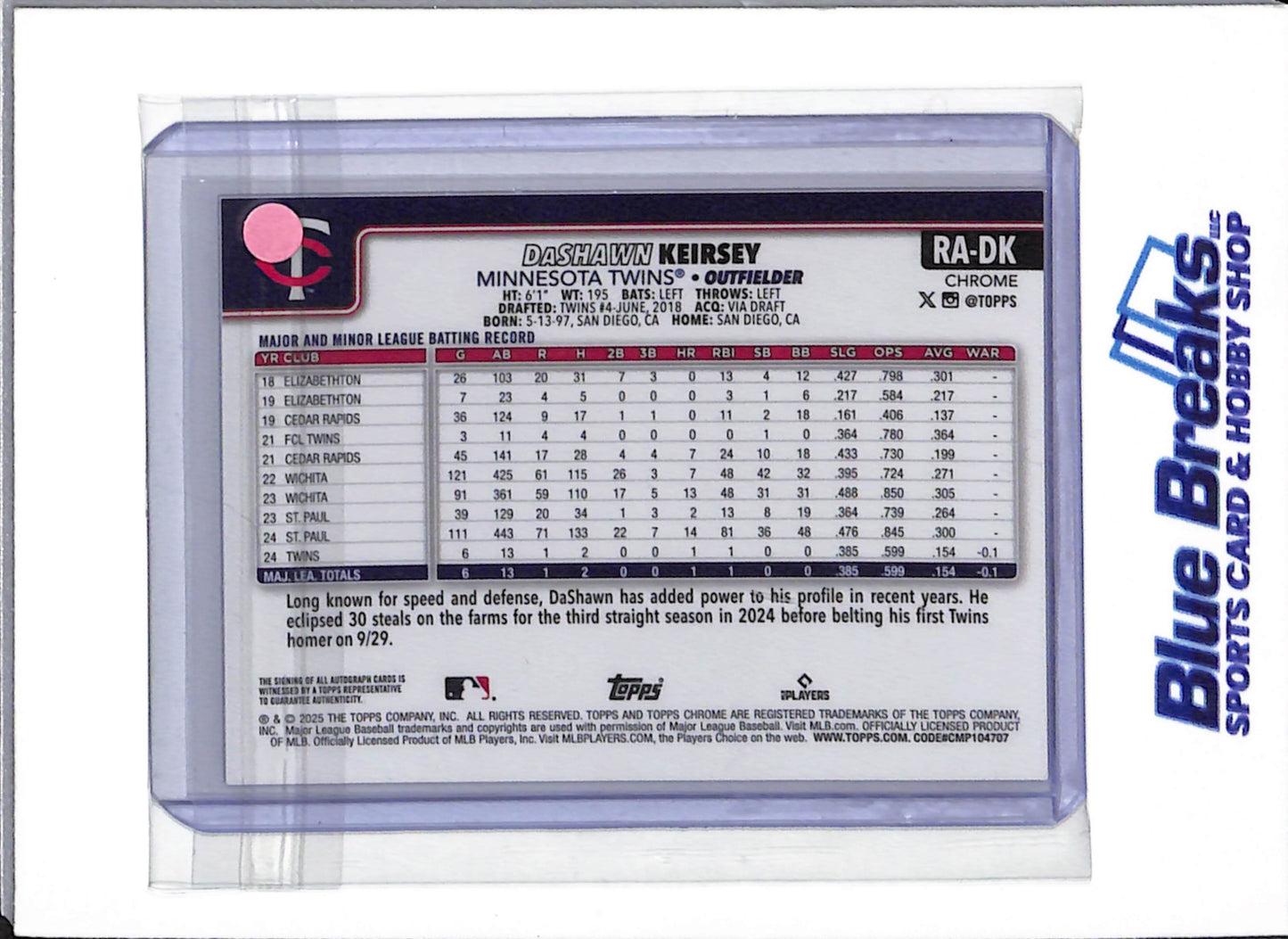 2025 Topps Chrome - Purple Glitter - DaShawn Keirsey - auto - 280/299 - RC - #RA-DK - Baseball - Twins