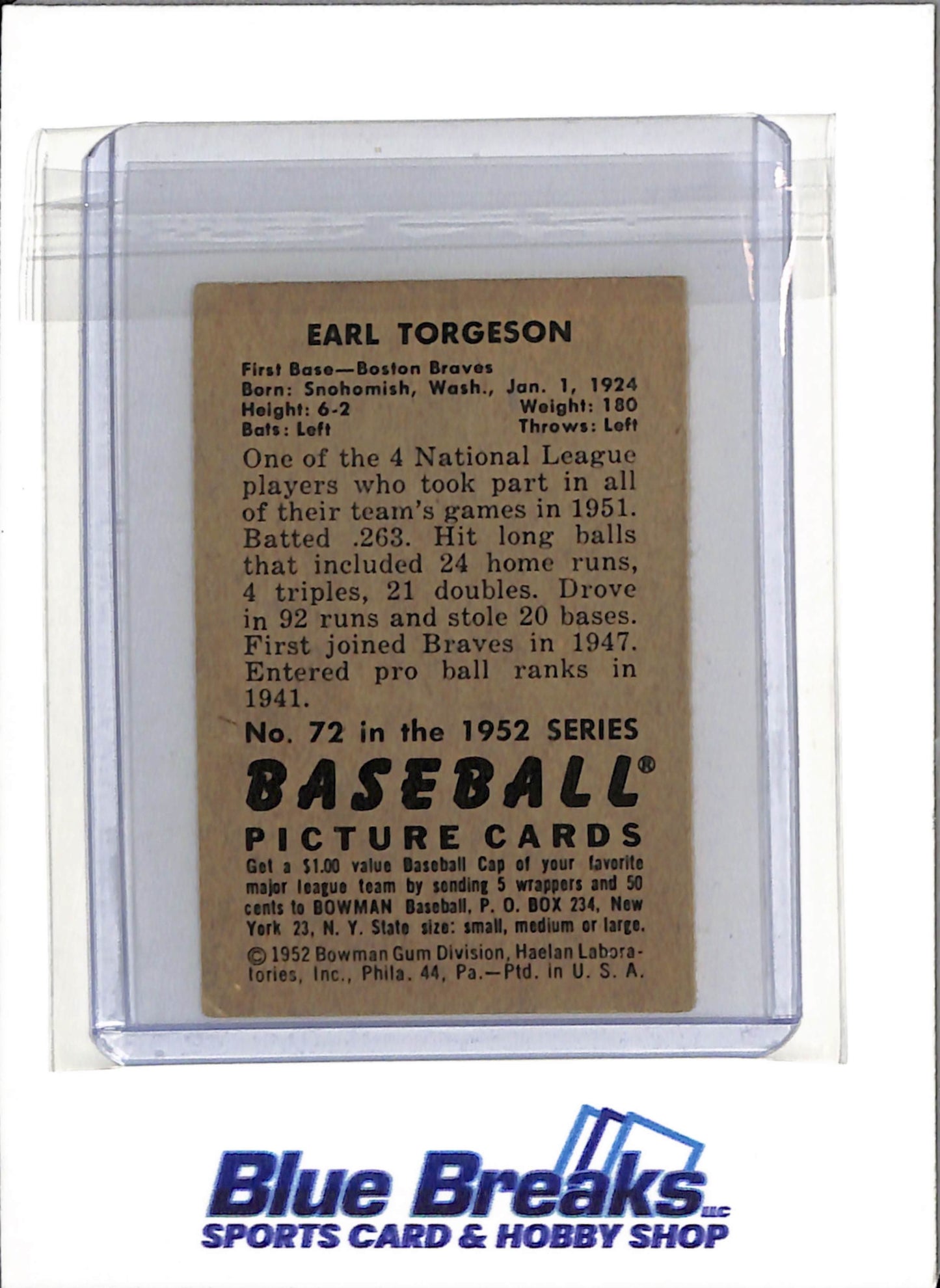 1952 Bowman - Earl Torgeson - #72 - Baseball - Boston Braves - Red Sox