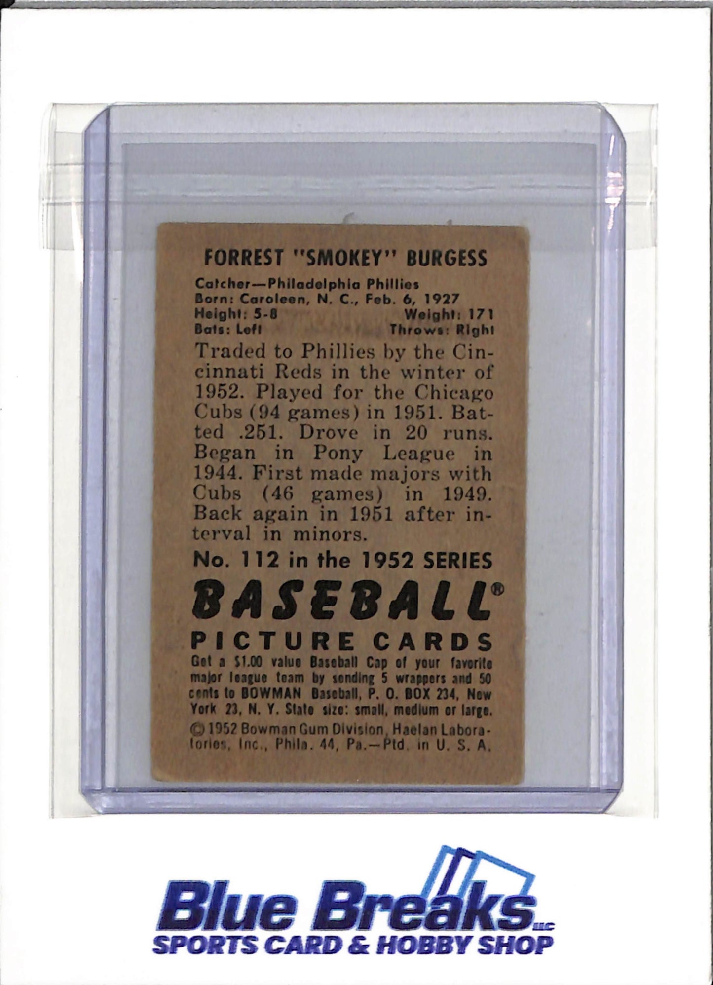 1952 Bowman - Smoky Burgess - #112 - Baseball - Phillies