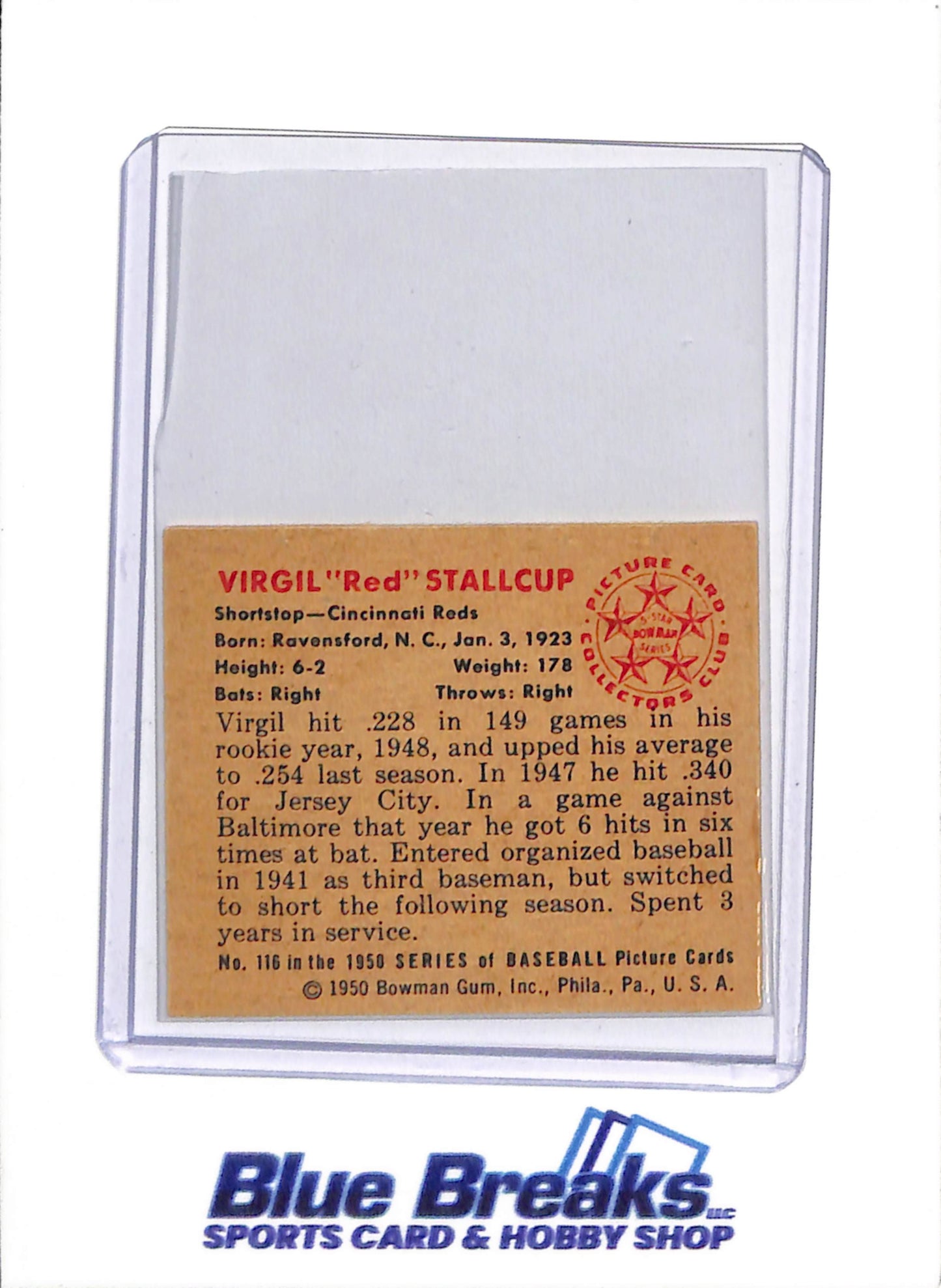 1950 Bowman - Virgil "Red" Stallcup - #116 - Baseball - Reds