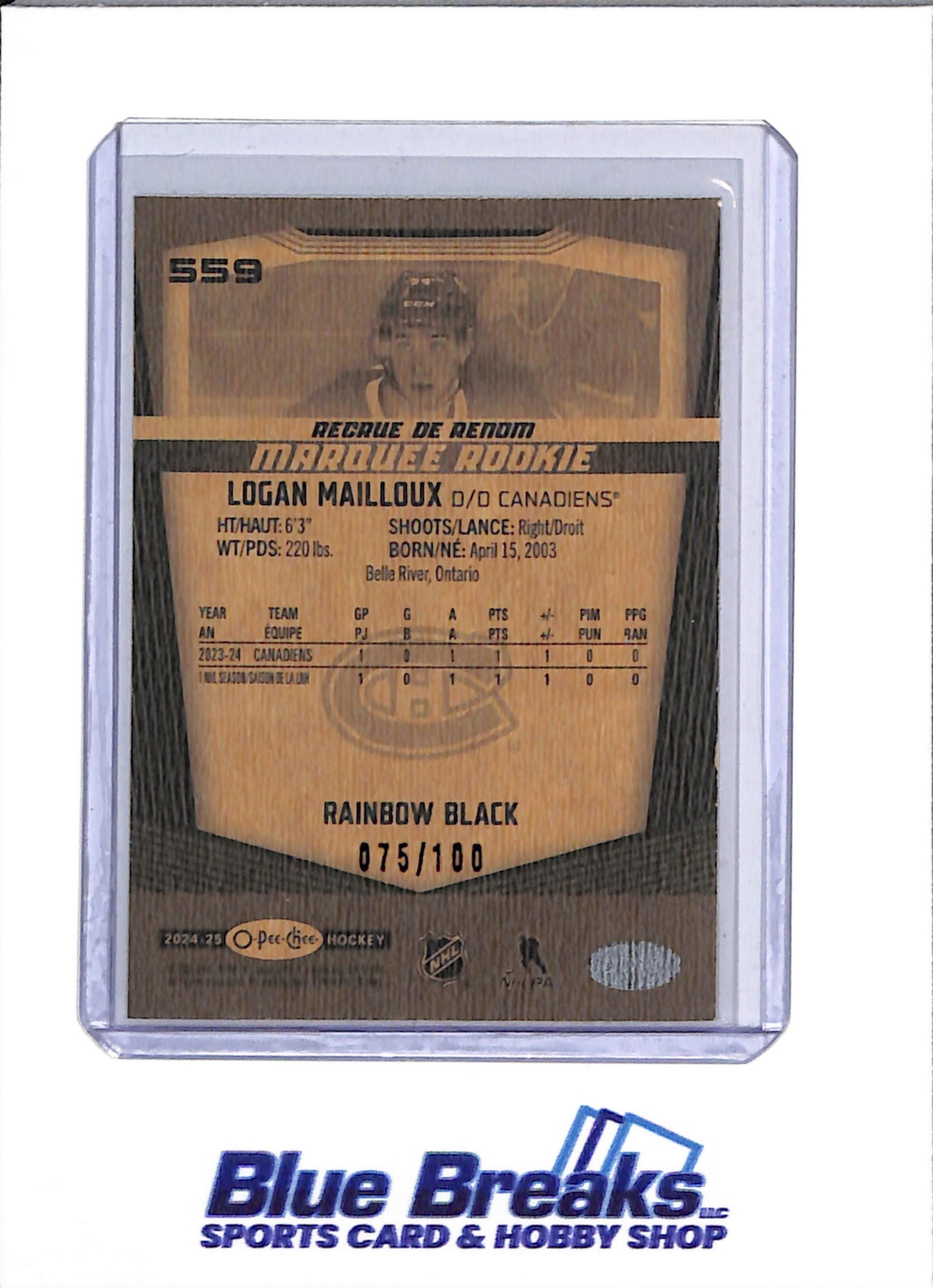 2024-25 O-Pee-Chee - Marquee Rookie - Foil Rainbow/Black -Logan Mailloux - 075/100 #559 - Ice Hockey - Canadiens