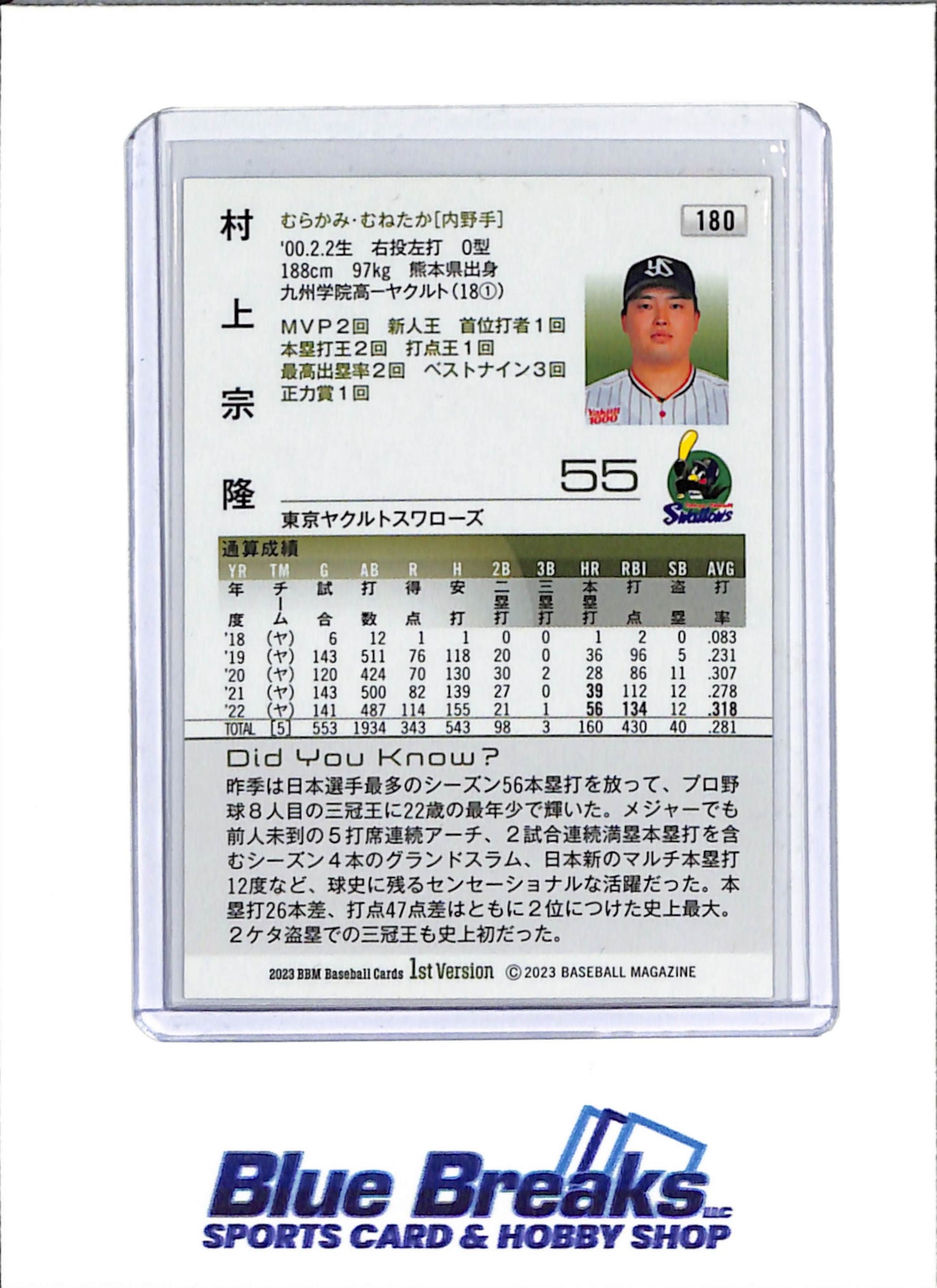 2023 BBM - 1st Version - Munetaka Murakami - #180 - Baseball - Tokyo Yakult Swallows - White Sox