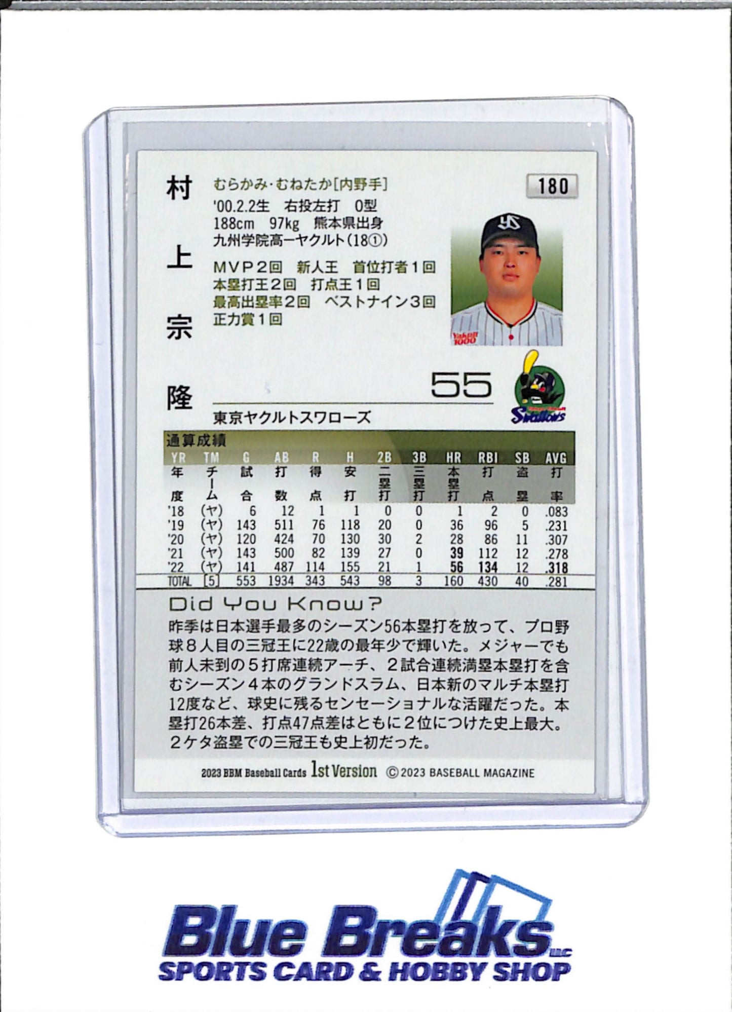 2023 BBM - 1st Version - Munetaka Murakami - #180 - Baseball - Tokyo Yakult Swallows - White Sox