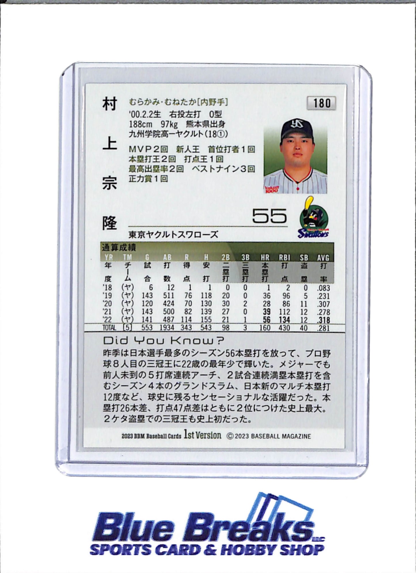 2023 BBM - 1st Version - Munetaka Murakami - #180 - Baseball - Tokyo Yakult Swallows - White Sox