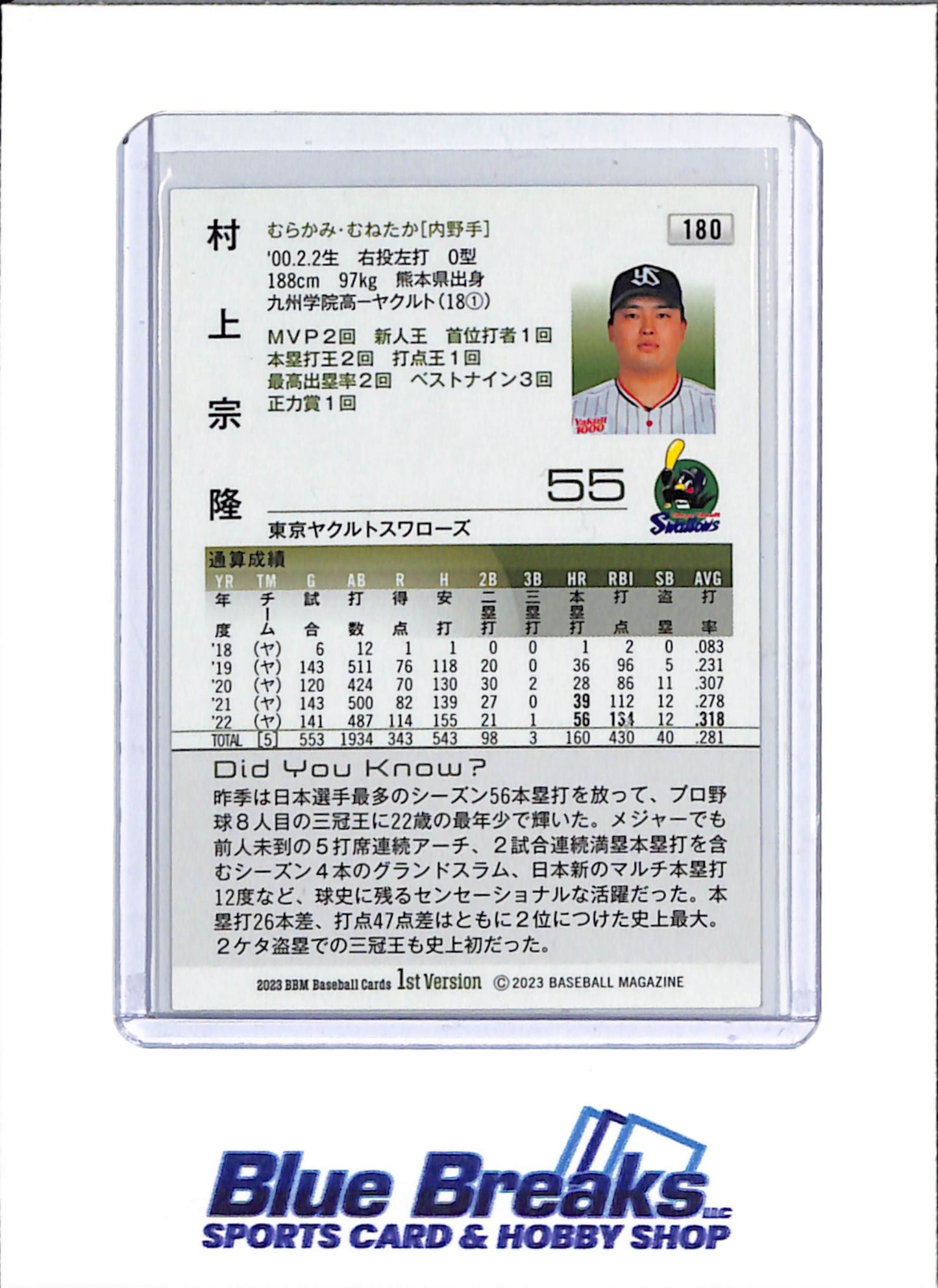 2023 BBM - 1st Version - Munetaka Murakami - #180 - Baseball - Tokyo Yakult Swallows - White Sox