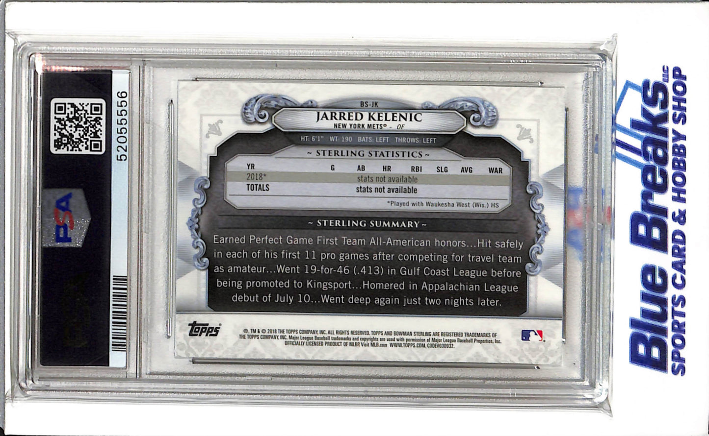 2018 Bowman Draft - Bowman Sterling - Silver Refractor - Jarred Kelenic - #BS-JK - PSA 9 - Baseball - Mets