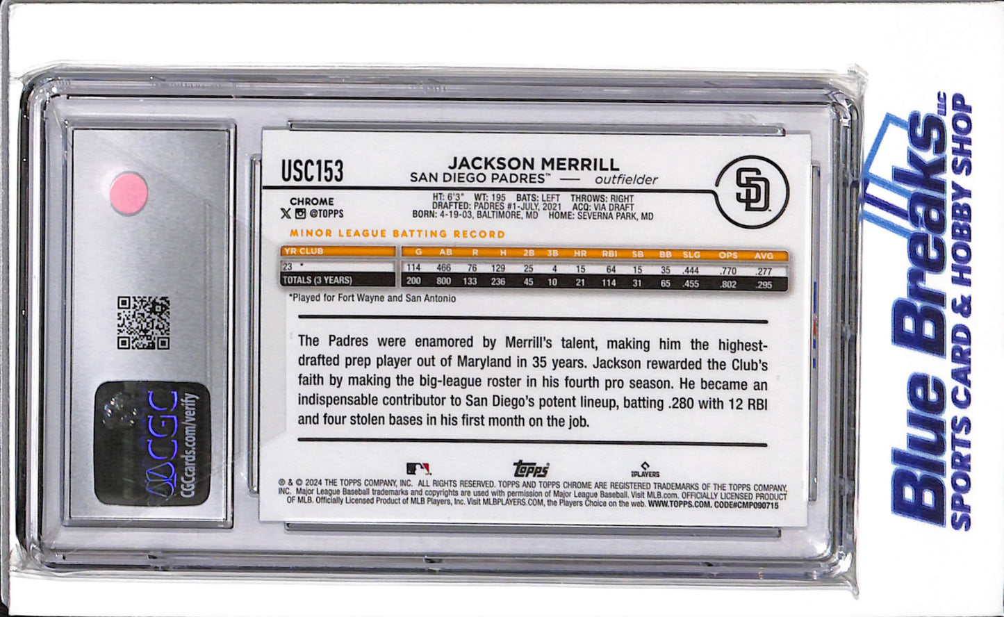2024 Topps Chrome - Update Rookie Card - Silver Foil - Jackson Merrill - #USC153 - CGC9 - Baseball - Padres