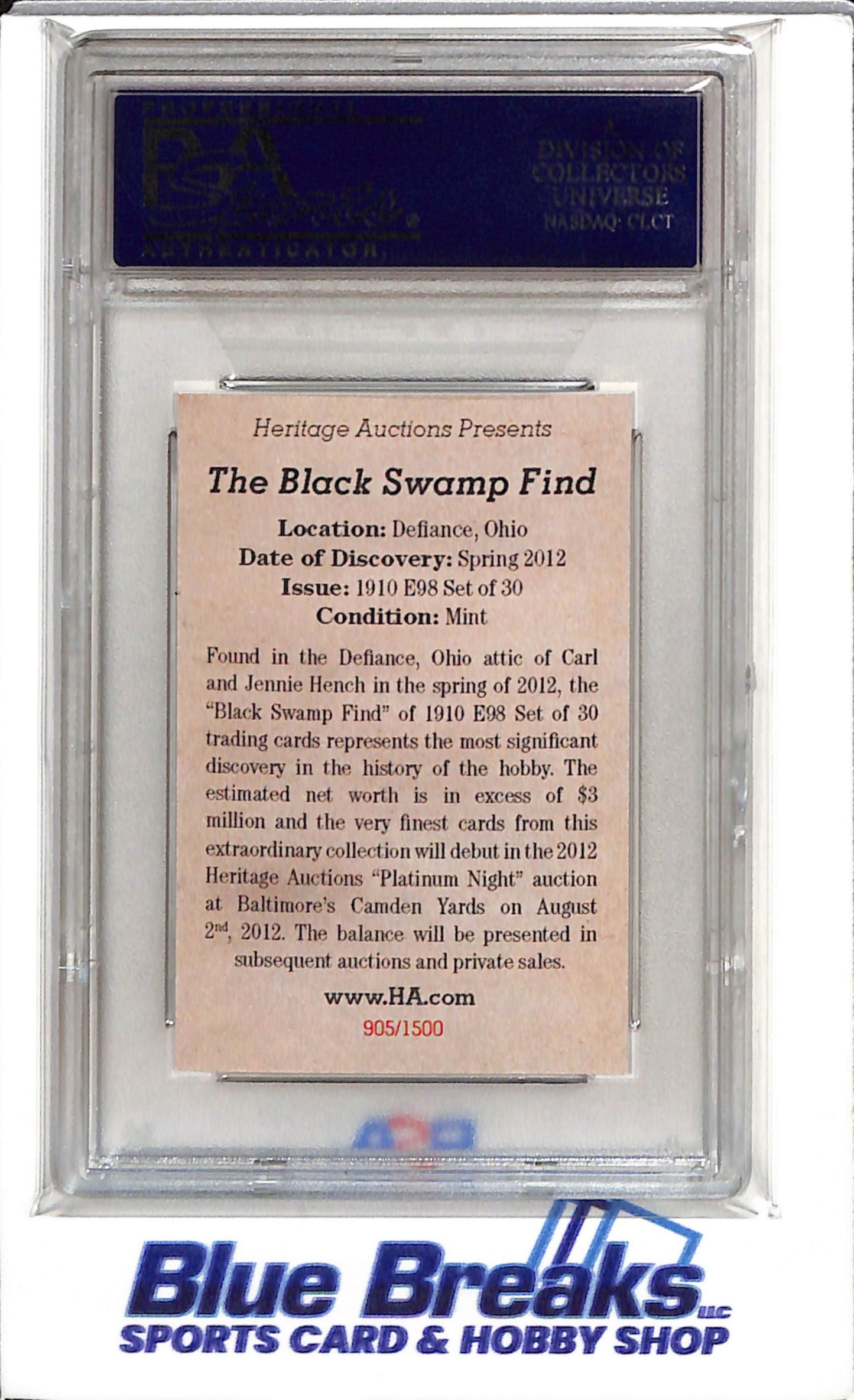 2012 National Promo - Black Swamp Finds - 1910 E98 L.E. Reprint - Hans Wagner - #905/1500 - Authenticated - Baseball - Nationals