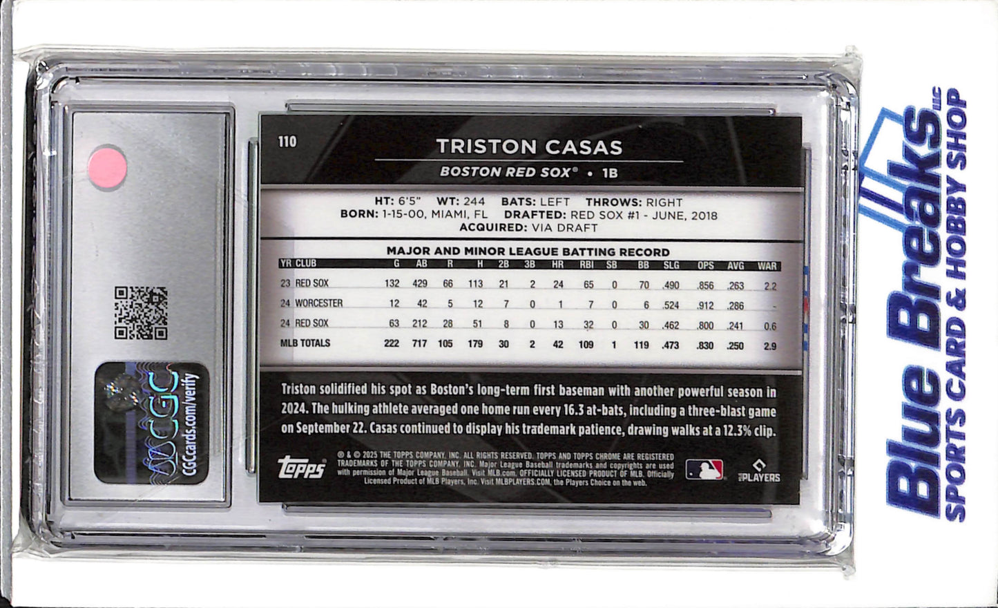 2025 Topps Chrome Black - Green Refractor - Triston Casas - #110 - 90/99 - CGC10 - Baseball - Red Sox