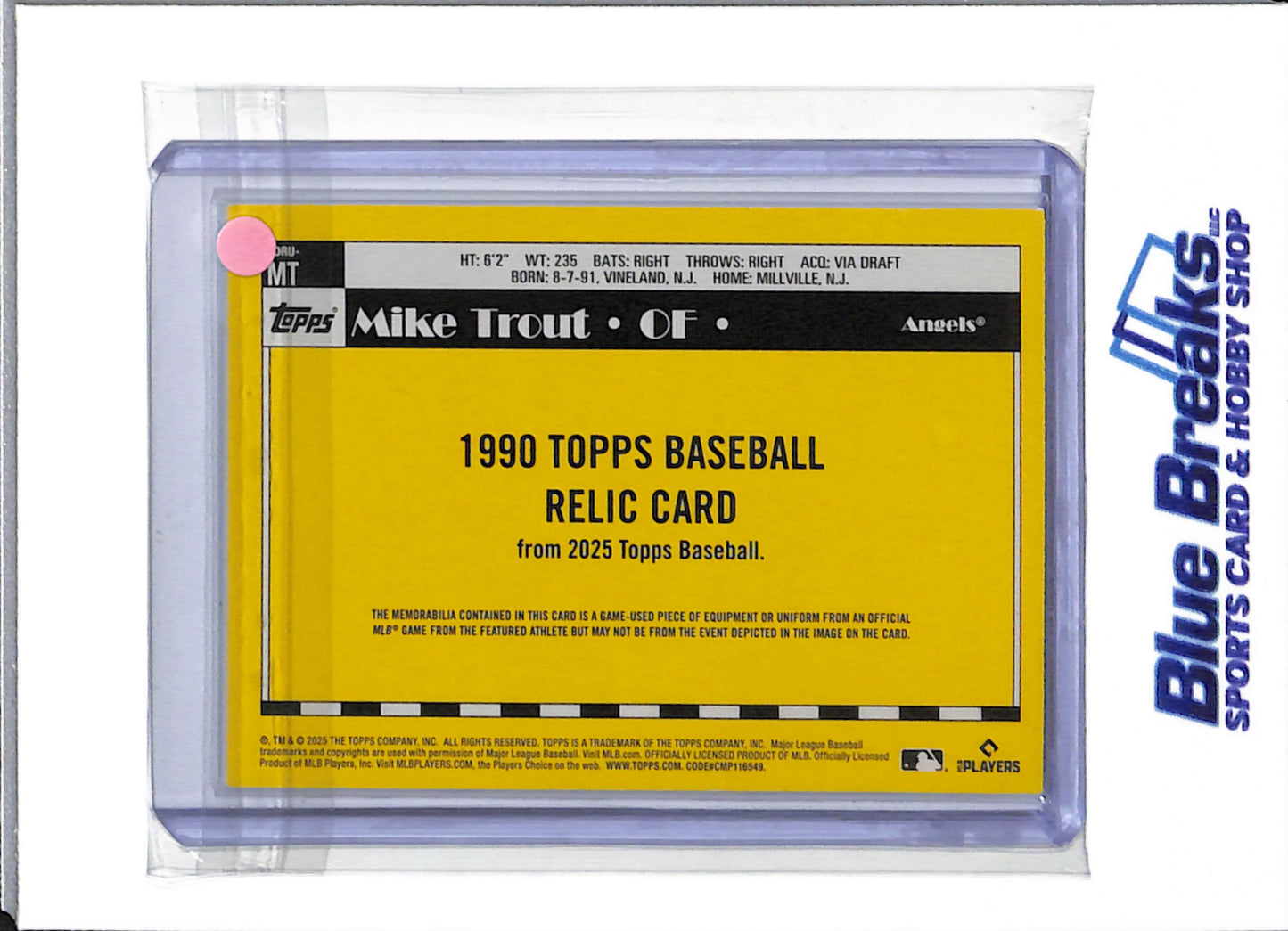 2025 Topps - 35 Anniversary - 1990 Topps Baseball Relic Card - Game Used Memorabilia - Mike Trout - #90RU-MT - Baseball - Angels