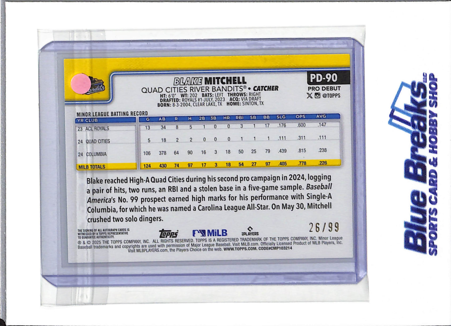 2025 Topps - Certified Auto - Green Foil - Blake Mitchell - 26/99 - #PD-90 - Baseball - River Bandits