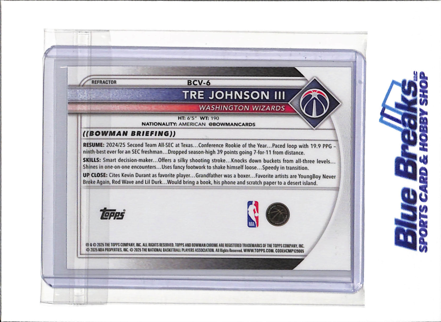 2025 Bowman Chrome - Rookie Card - Silver Refractor - Tre Johnson III - 270/499 - #BCV-6 - Basketball - Wizards