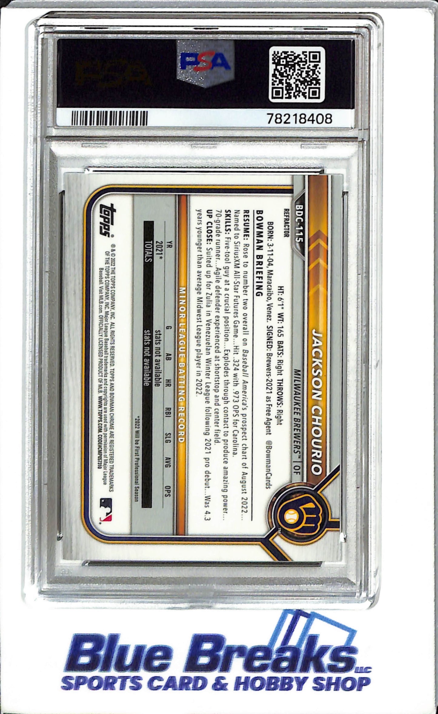 2022 - Bowman - Draft - Chrome - Refactor - Jackson Chourio - #BDC115 - Baseball - Milwaukee - Brewers - PSA 9 - drop