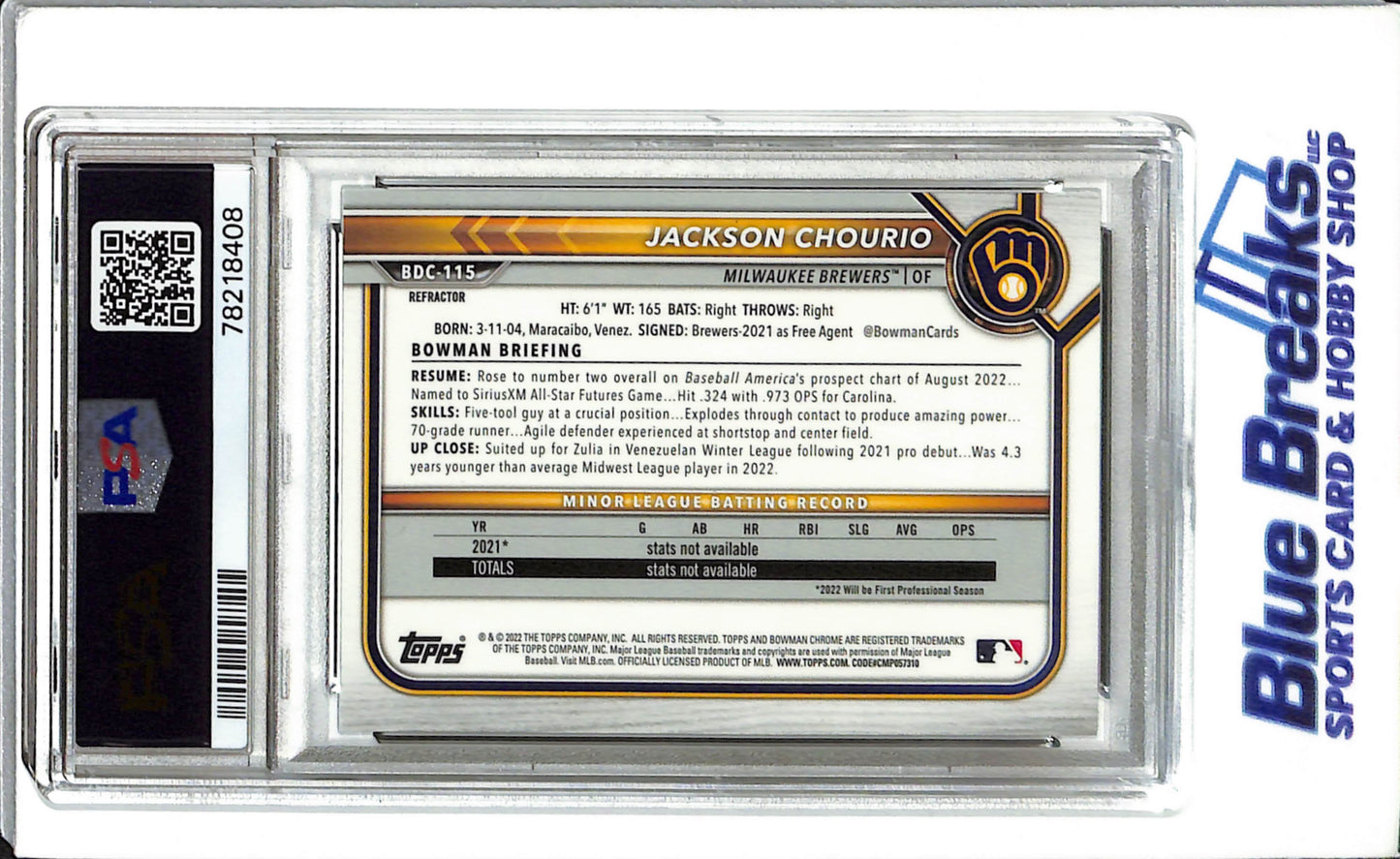 2022 Bowman Draft Chrome - Refactor - Jackson Chourio - #BDC115 - PSA 9 - Baseball - Milwaukee Brewers