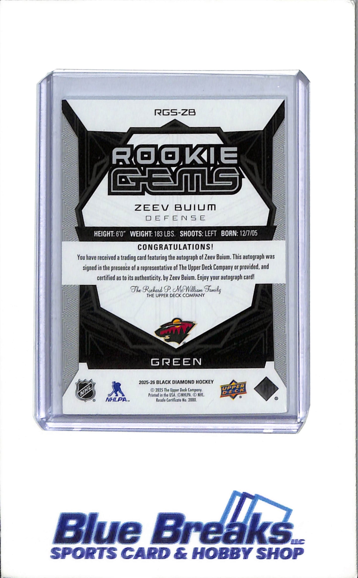 2025-26 - Upper Deck - Black Diamond - Rookie Gems - Green - Zeev Buium - auto - 5/5 - #RGS-ZB - Hockey - Minnesota Wild