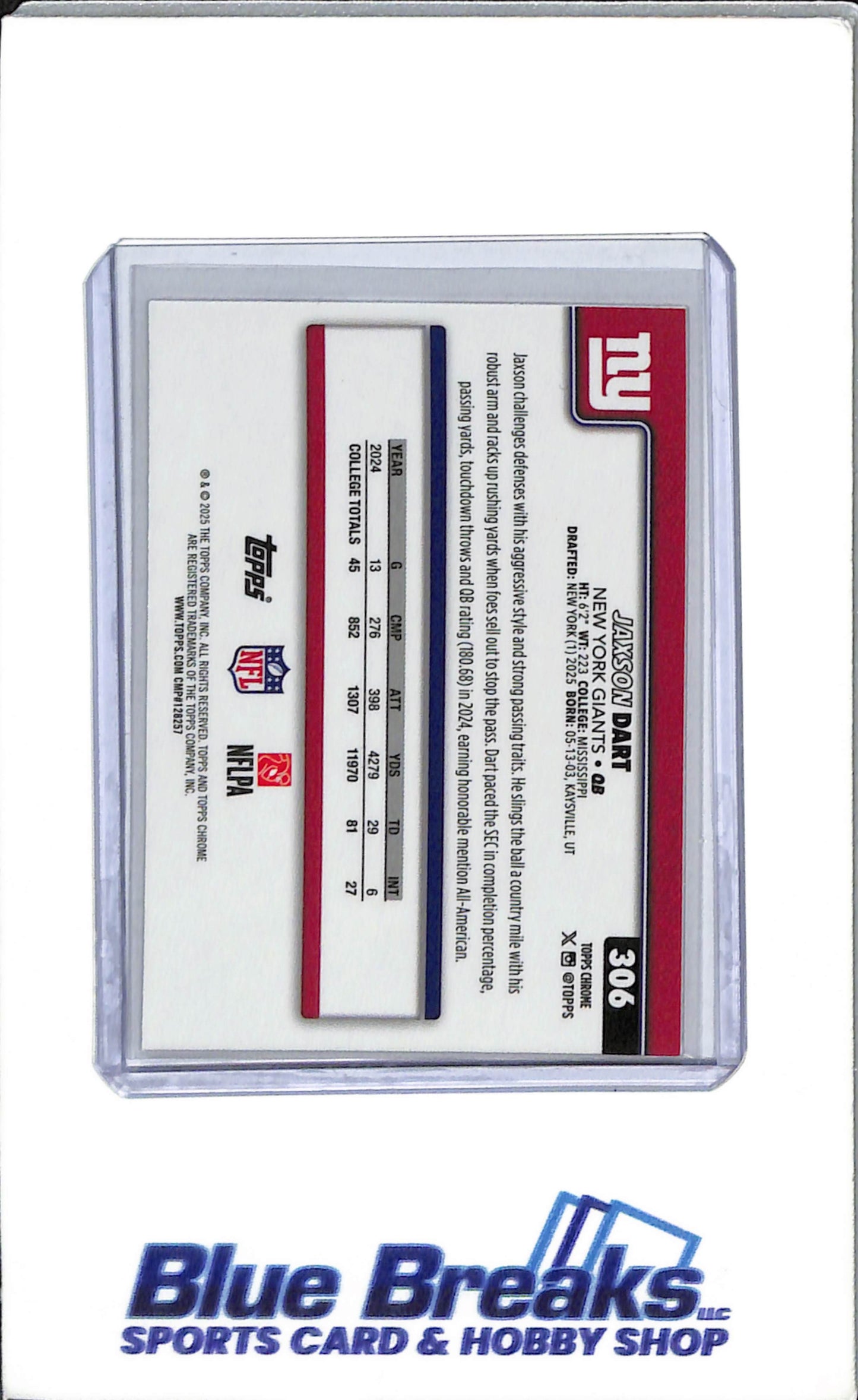 2025 Topps Chrome - Football Lether - Jaxson Dart - Rookie - #306 - New York Giants - drop