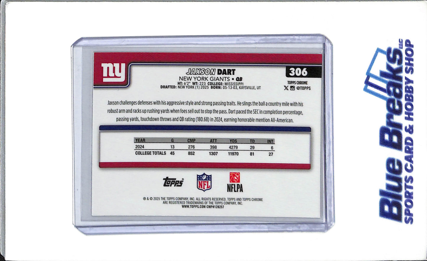 2025 Topps Chrome - Football Leather - Jaxson Dart - Rookie - #306 - New York Giants
