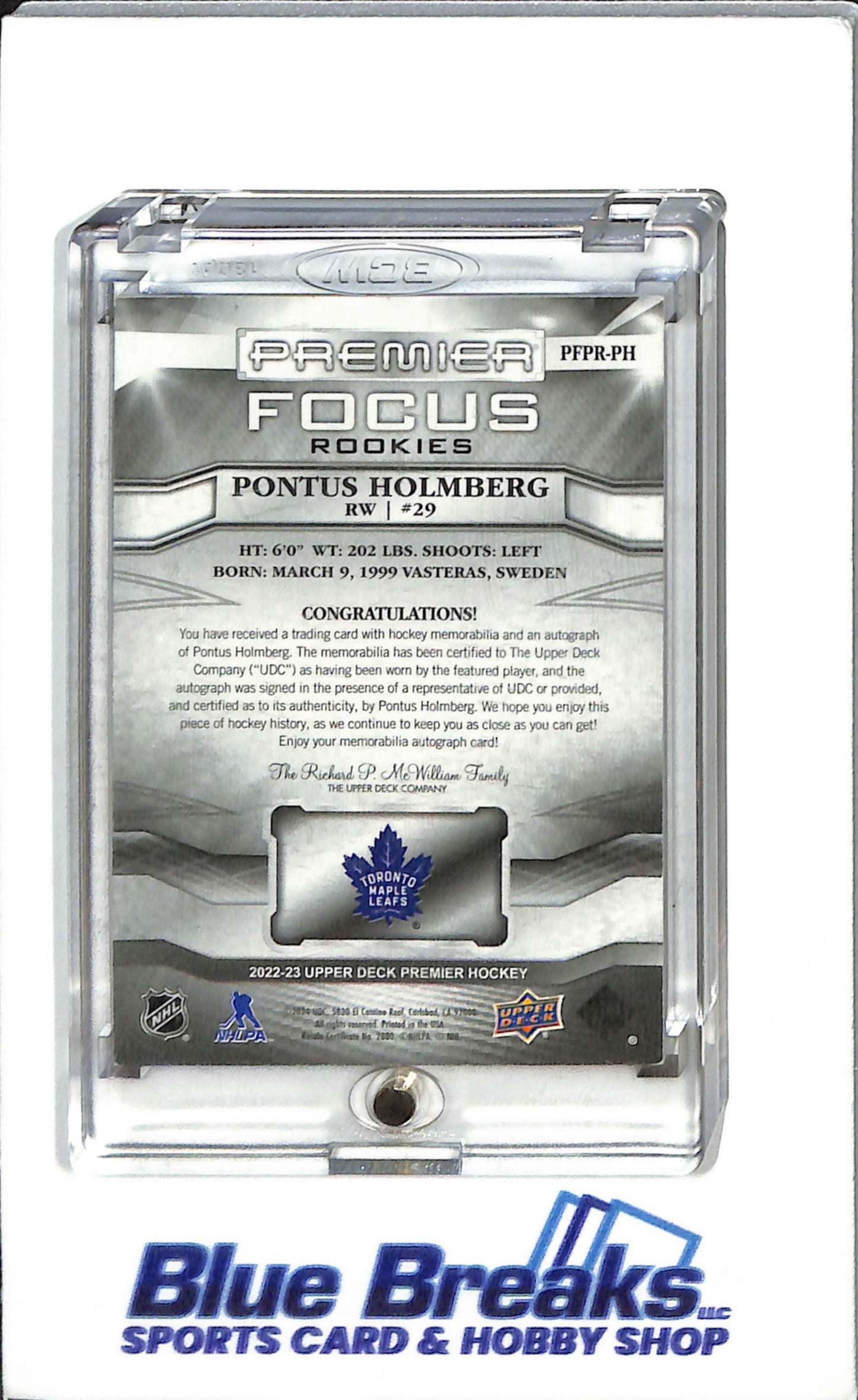 2022-23 Upper Deck - Premier Focus - Rookies - Pontus Holmberg - auto - relic - 88/125 - #PFPR-PH - Hockey - Toronto Maple Leaf's