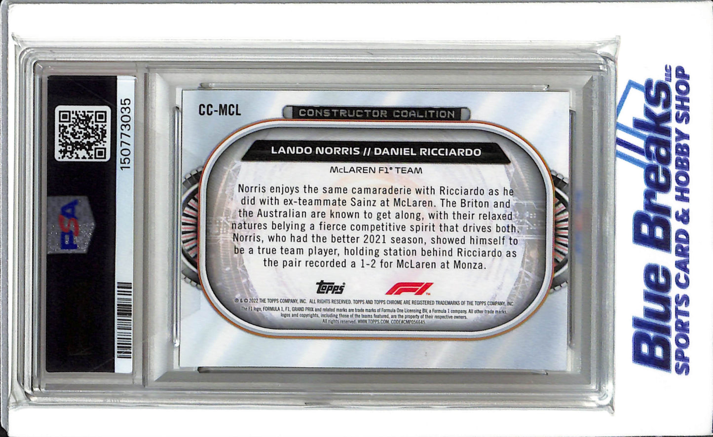 2022 Topps Chrome F1 - Constructors coalition - L. Norris D. Ricciardo - #CCMCL - F1- Formula 1 - Racing - PSA 8
