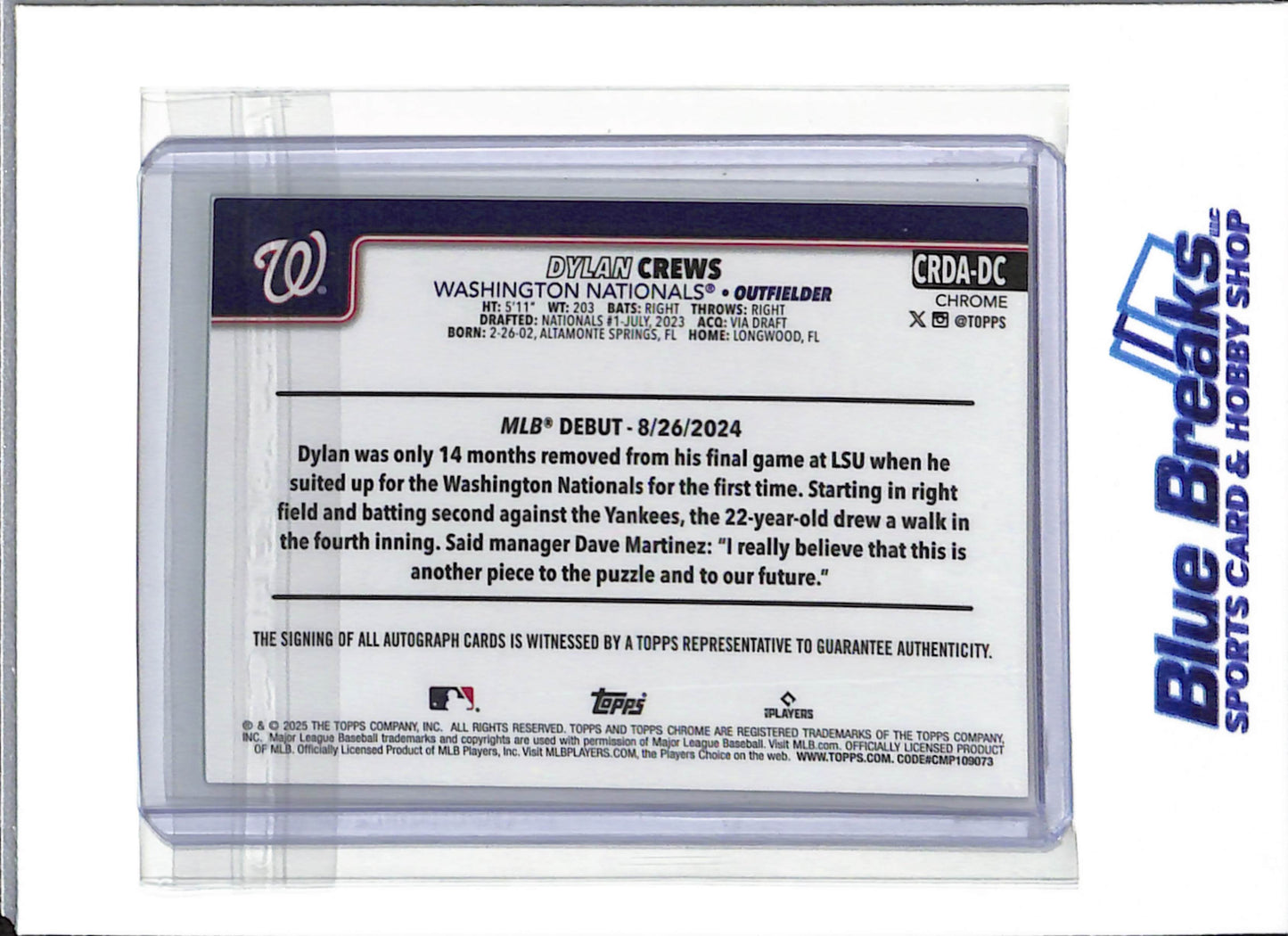 2025 Topps Chrome - Green Refractors - Dylan Crews - auto - 1/99 - #CRDA-DC - RC - Baseball - Washington Nationals