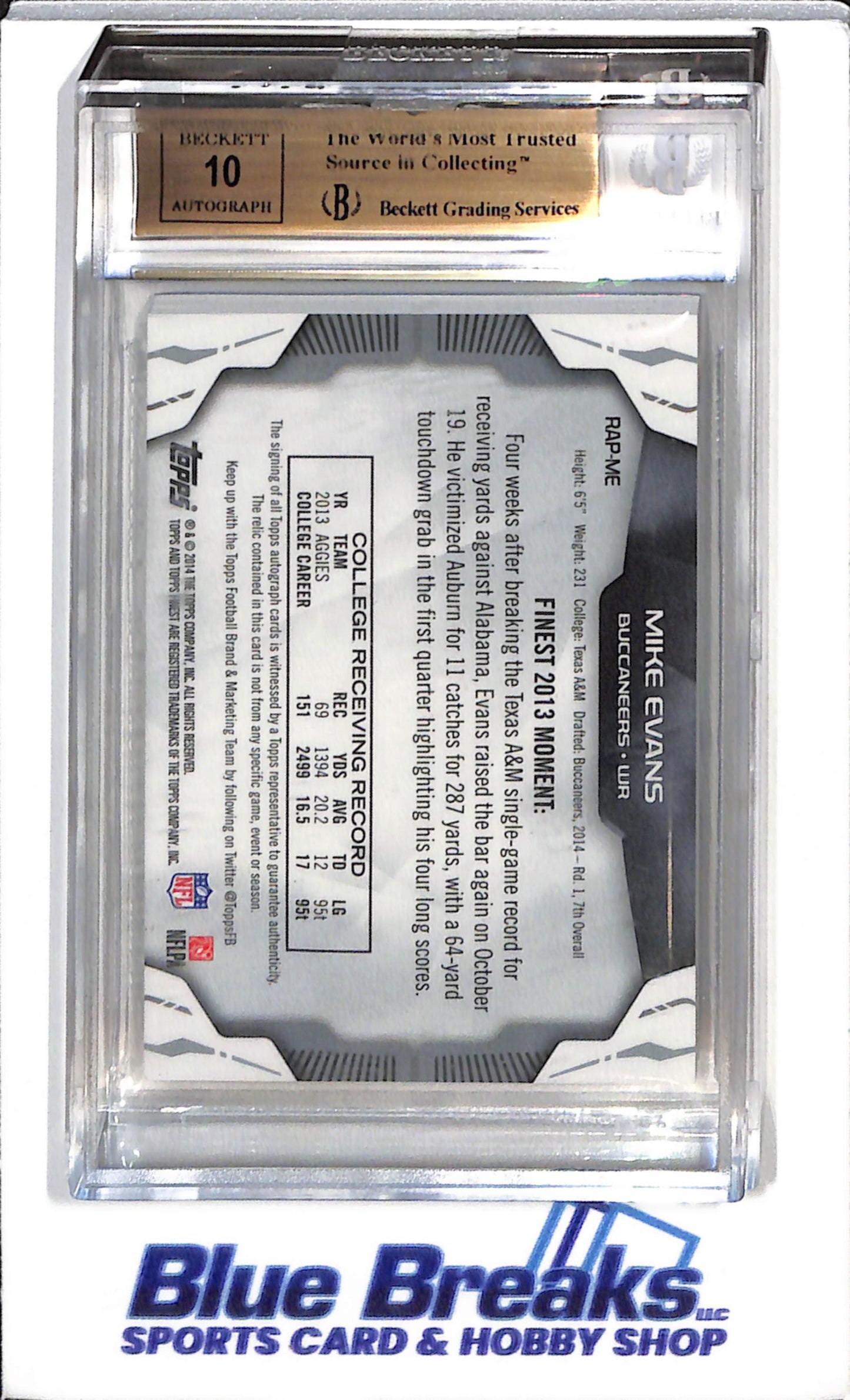 2014 Topps Finest - Rookie Patch Auto - Blue Refractor - Mike Evans - Beckett 9.5 - 05/99 - #RAP-ME - Football - Buccaneers - drop