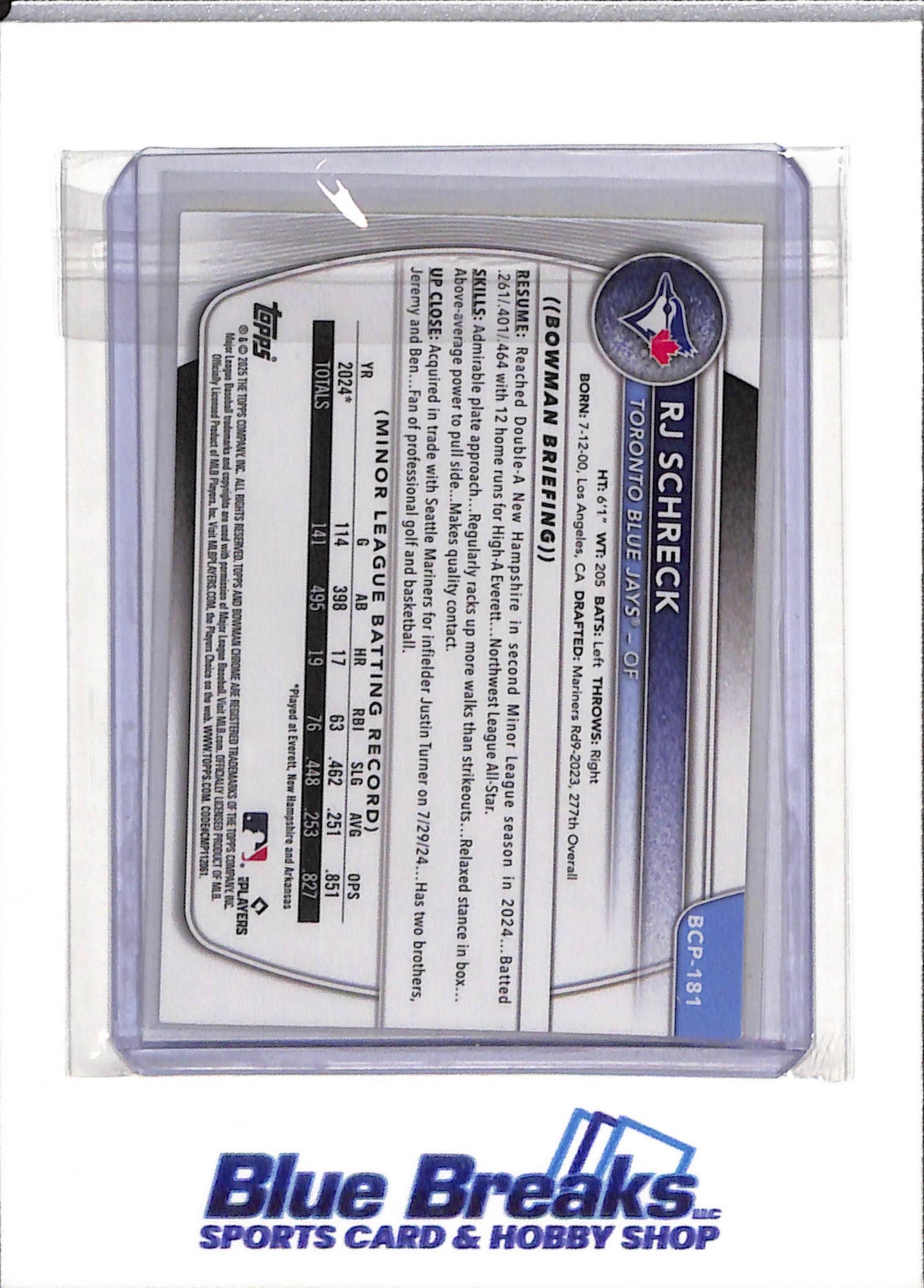 2025 Topps - Bowman Chrome - Prospects - Yellow Geometric - RJ Schreck - 13/75 - #BCP-181 - Baseball - Blue Jays - drop