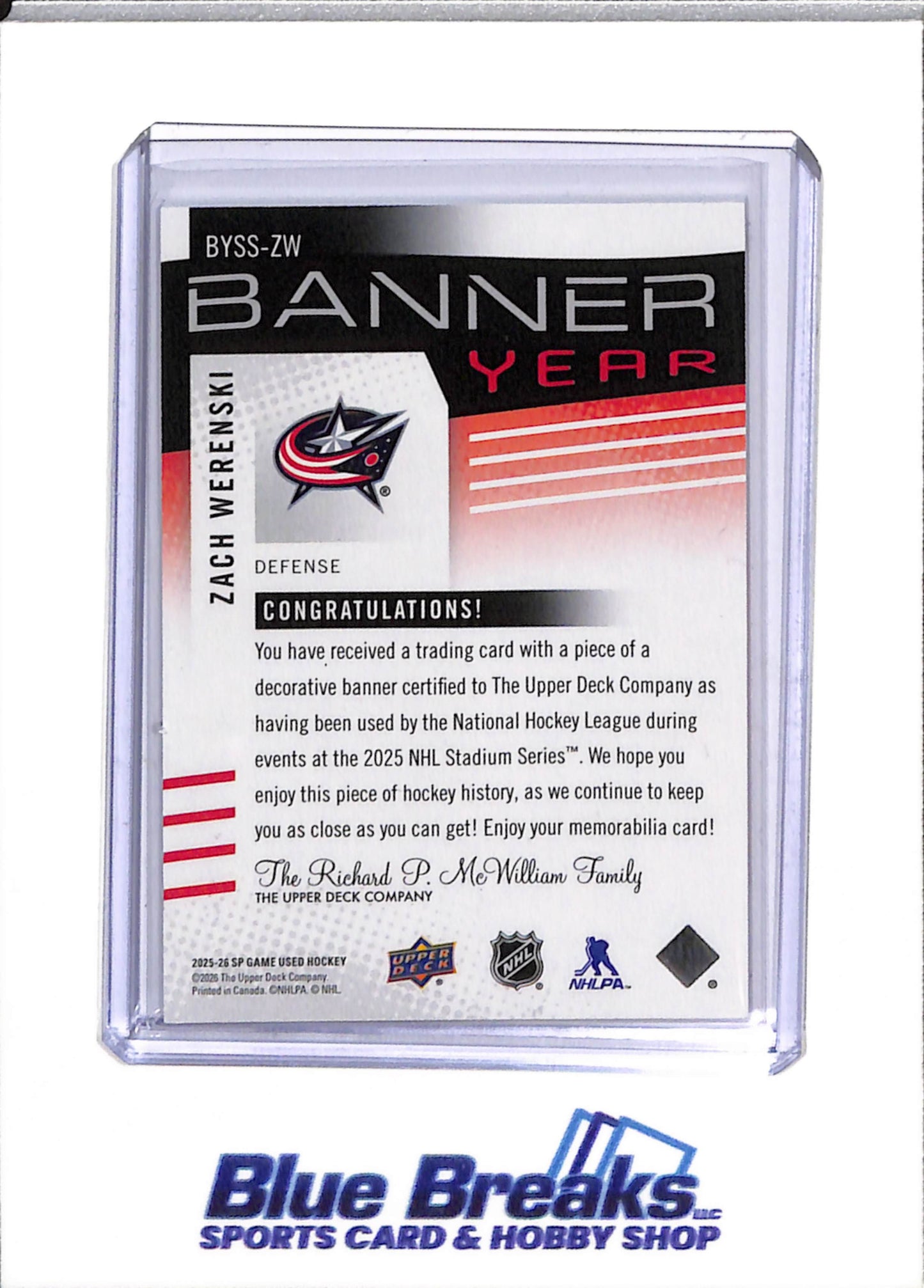 2025-26 Upper Deck - Banner Year - Game Used Edition - Stadium Series - Zach Werenski - #BYSS-ZW - Ice Hockey - Blue Jackets - drop