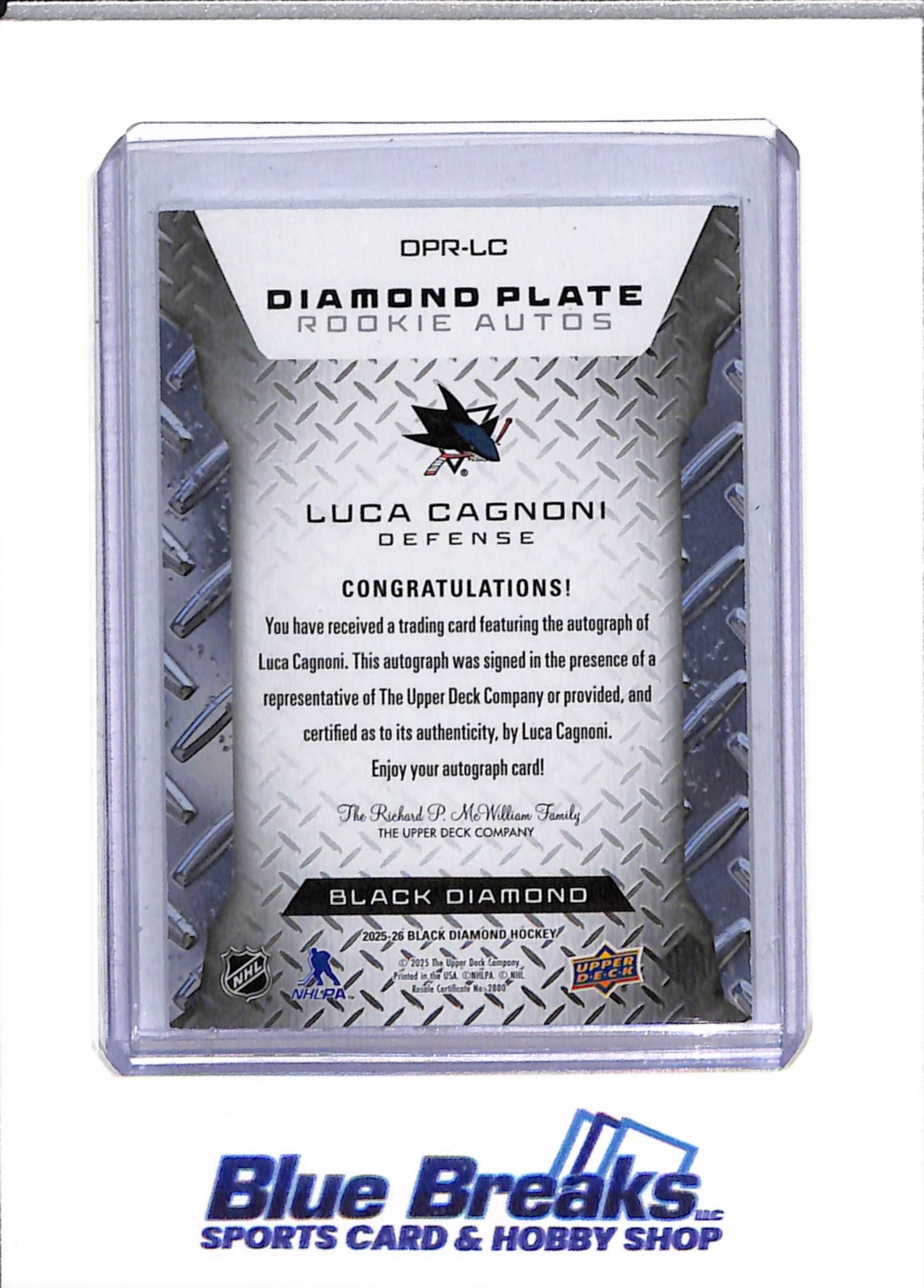 2025-26 Upper Deck - Diamond Plate - Rookie Autos - Black Diamond - Luca Cagnoni - 57/99 - #DPR-LC - Ice Hockey - Sharks - drop