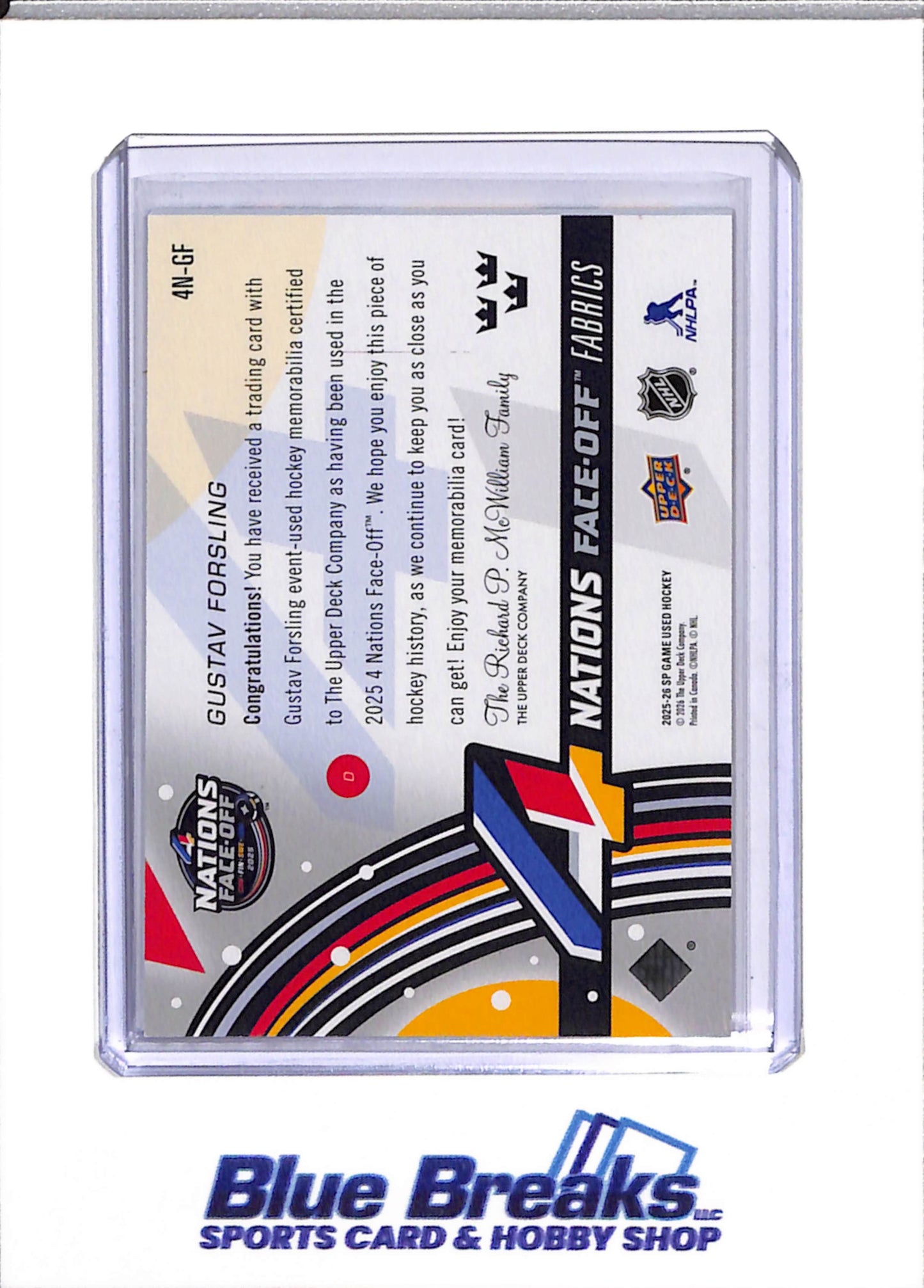 2025-26 Upper Deck - Nations Face Off Fabrics - Game Used Editions - Gustav Forsling - #4N-GF - Ice Hockey - Sweden - drop