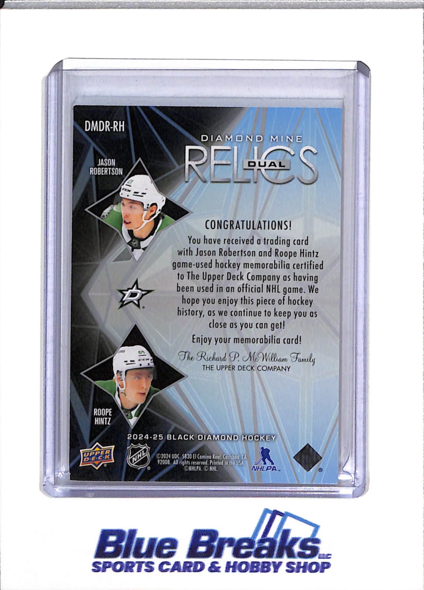 2024-25 Upper Deck - Black Diamonds - Diamond Mine Relics Dual - Jason Robertson and Roope Hintz - #DMDR-RH - Ice Hockey - Stars - drop