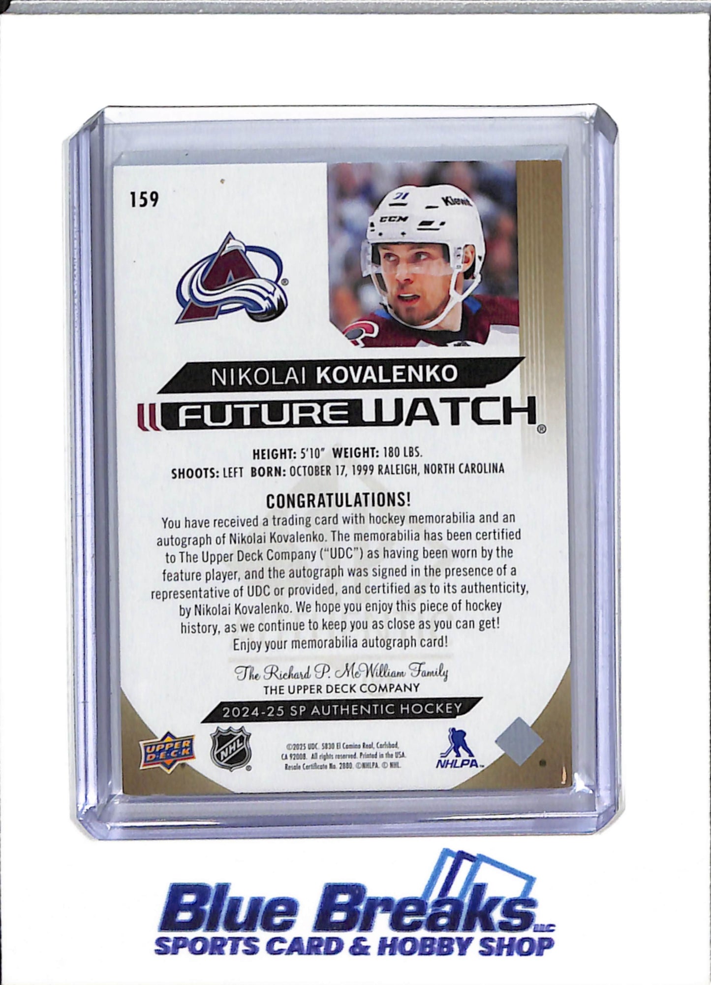 2024-25 Upper Deck - Future Watch - Auto Relic - Nikolai Kovalenko - 019/100 - #159 - Ice Hockey - Avalanche - drop