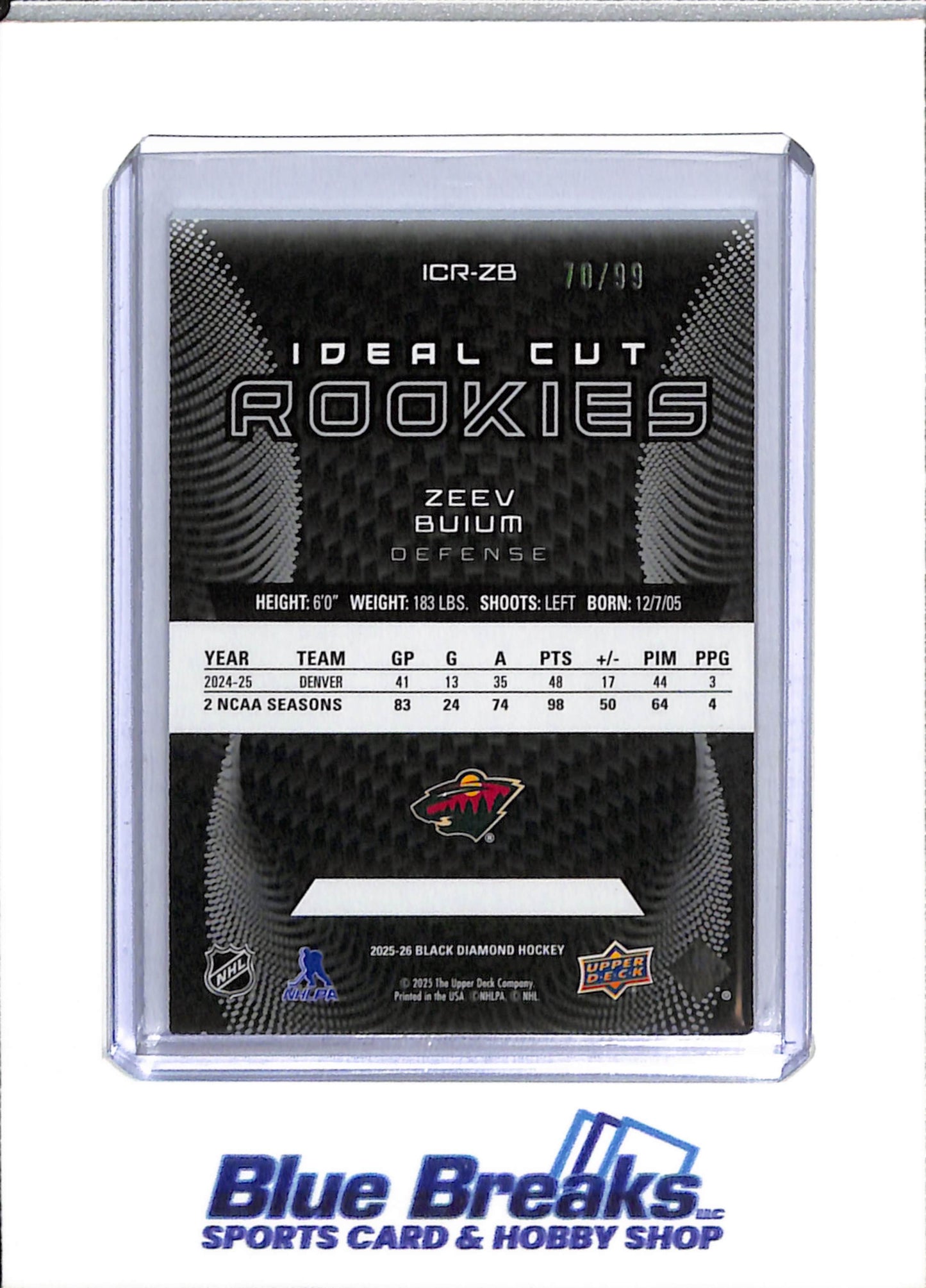 2025-26 Upper Deck - Ideal Cut Rookies - Black Diamond - Zeev Buium - 70/99 - #ICR-ZB - Ice Hockey - Wilds - drop