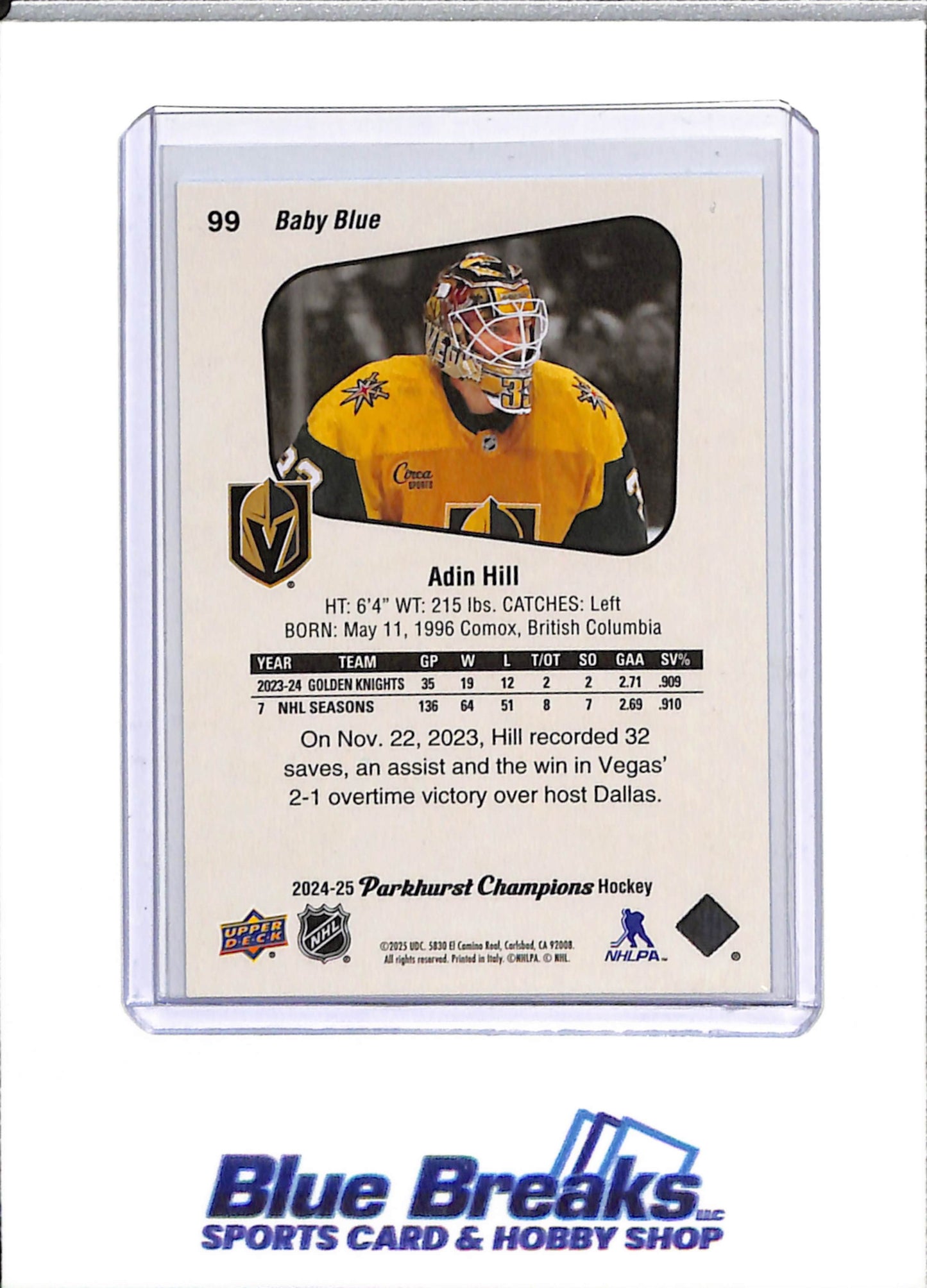 2024-25 Upper Deck - Parkhurst Champions - Adin Hill - 24/25 - #99 - Ice Hockey - Golden Knights - drop