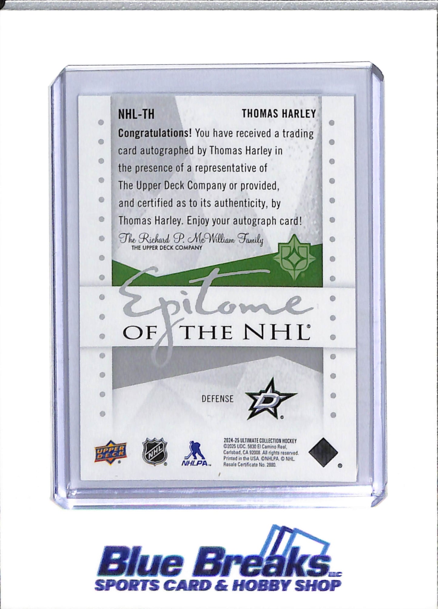 2024-25 Upper Deck - Epitome Auto - Thomas Harley - 45/49 - #NHL-TH - Ice Hockey - Stars - drop