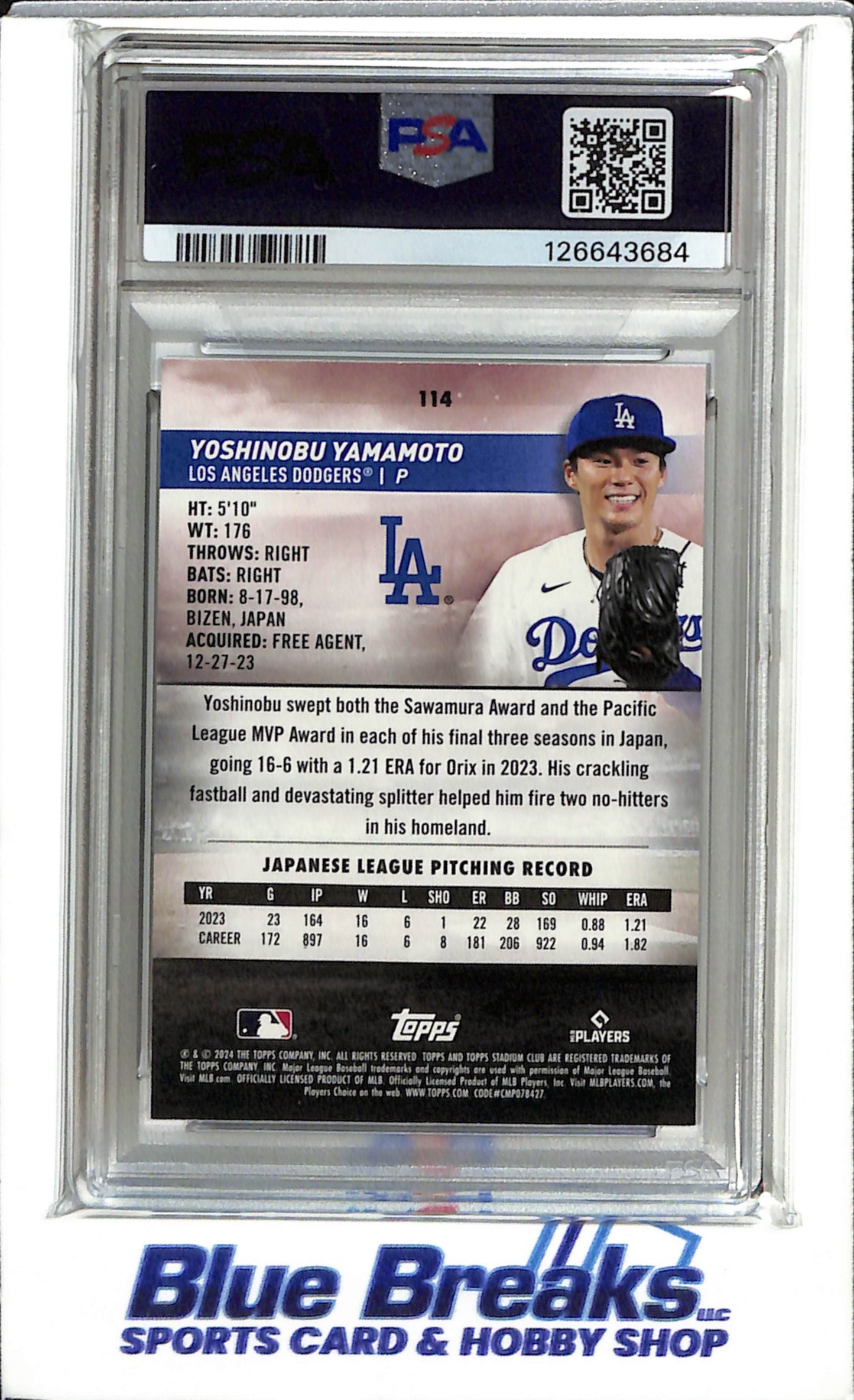 2024 Topps - Stadium Club - Rookie Card - Yoshinobu Yamamoto - PSA9 - #114 - Baseball - Dodgers - drop