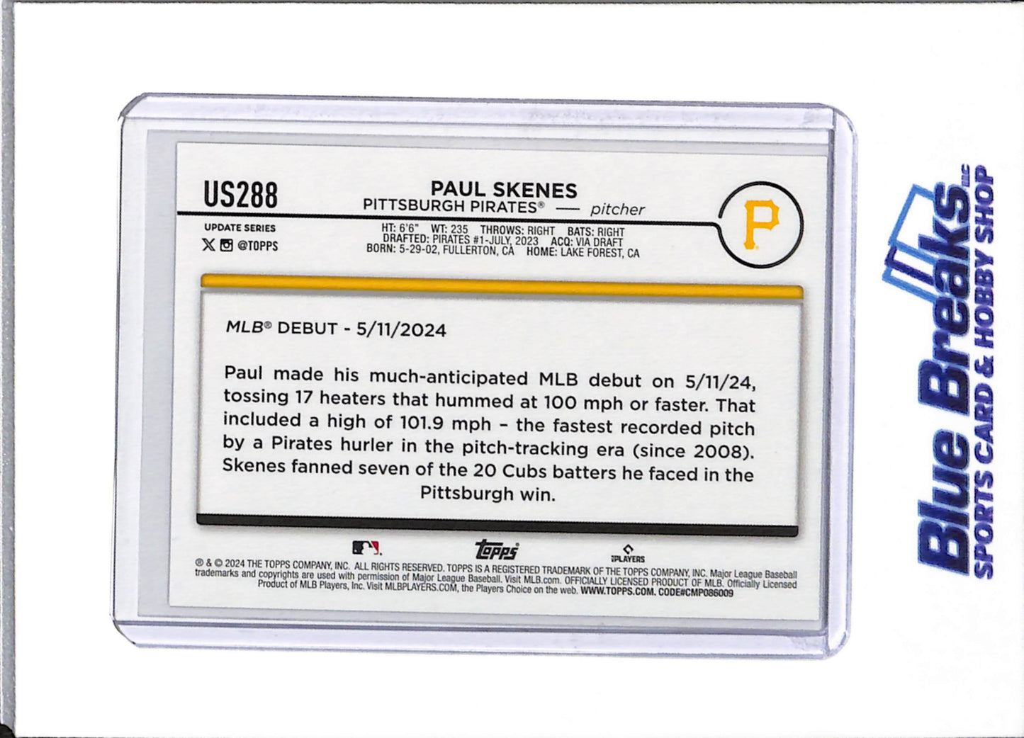 2024 Topps - Updated Series - White/Black - Paul Skenes - #US288 - Baseball - Pirates