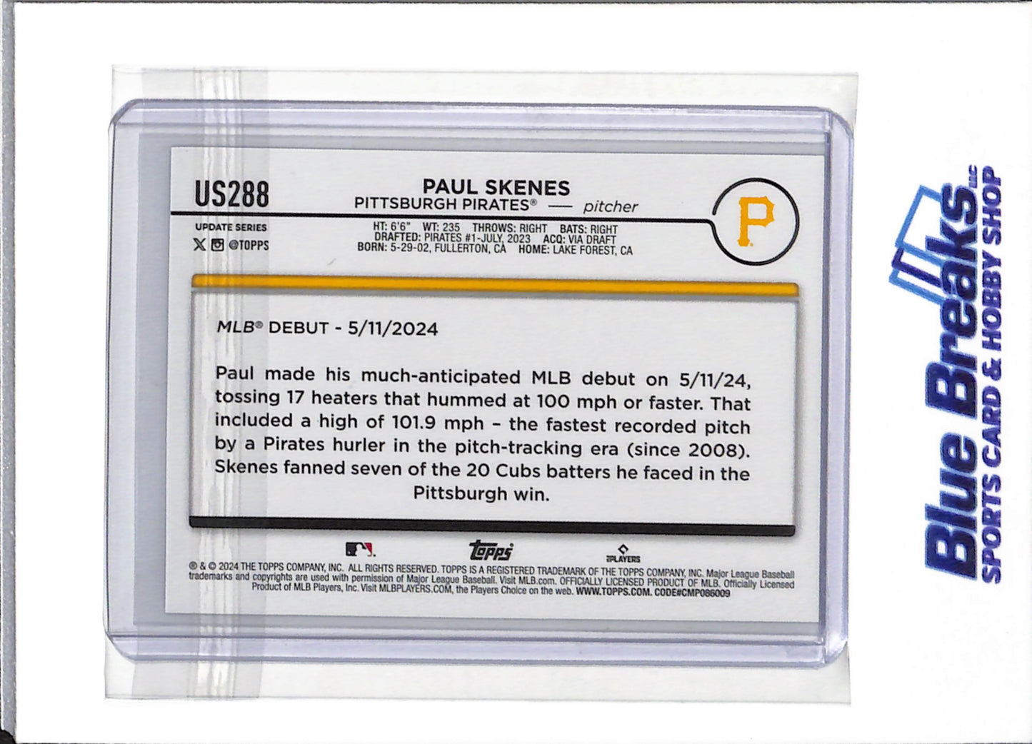2024 Topps - Update Series - Rookie Card - Blue Border - Paul Skenes - #US288 - Baseball - Pirates