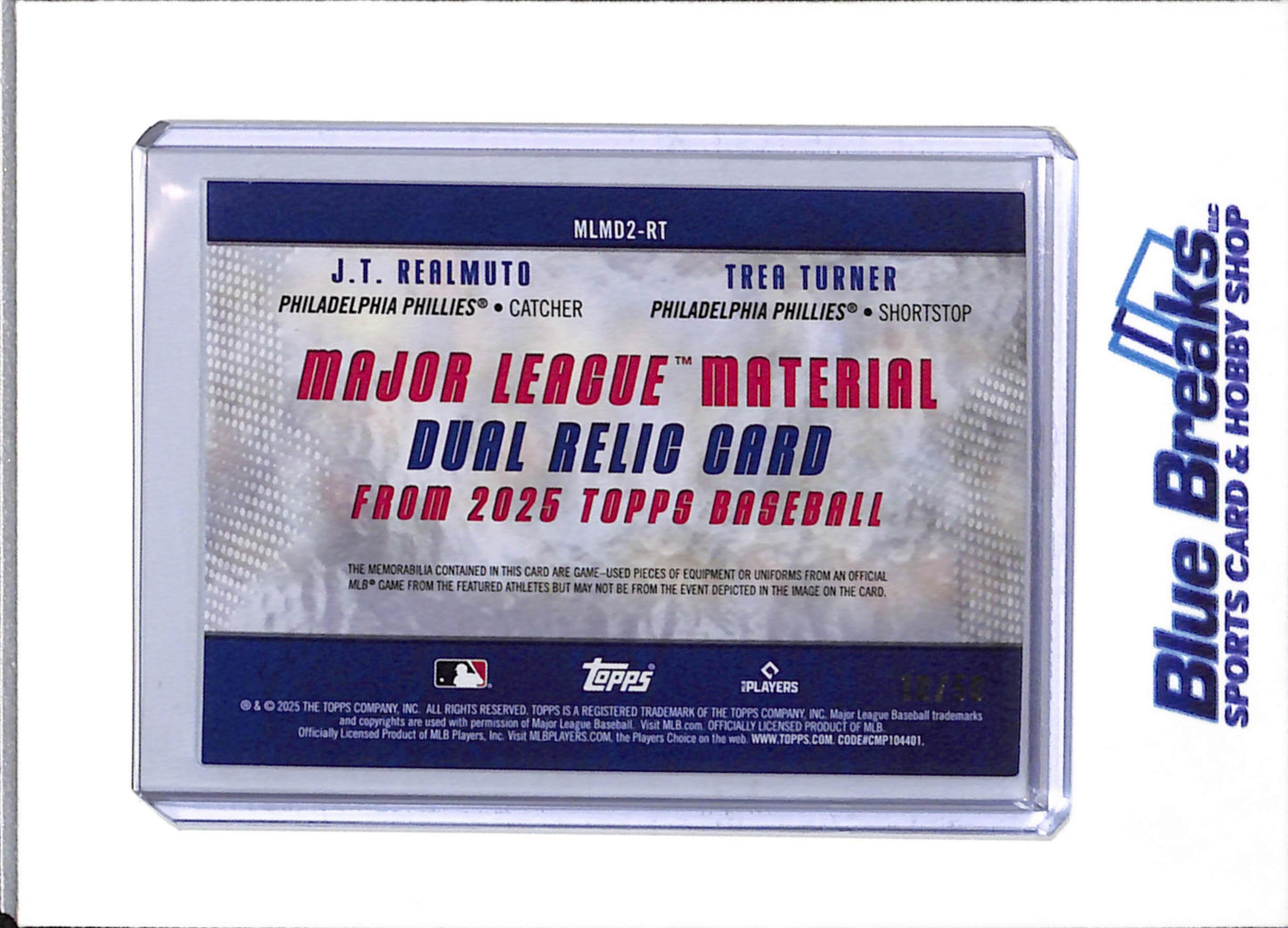 2025 Topps - Major League Material - Dual Relic Card - Game Used - JT Realmuto - Trea Turner - 10/50 - #MLMD2-RT - Baseball - Phillies