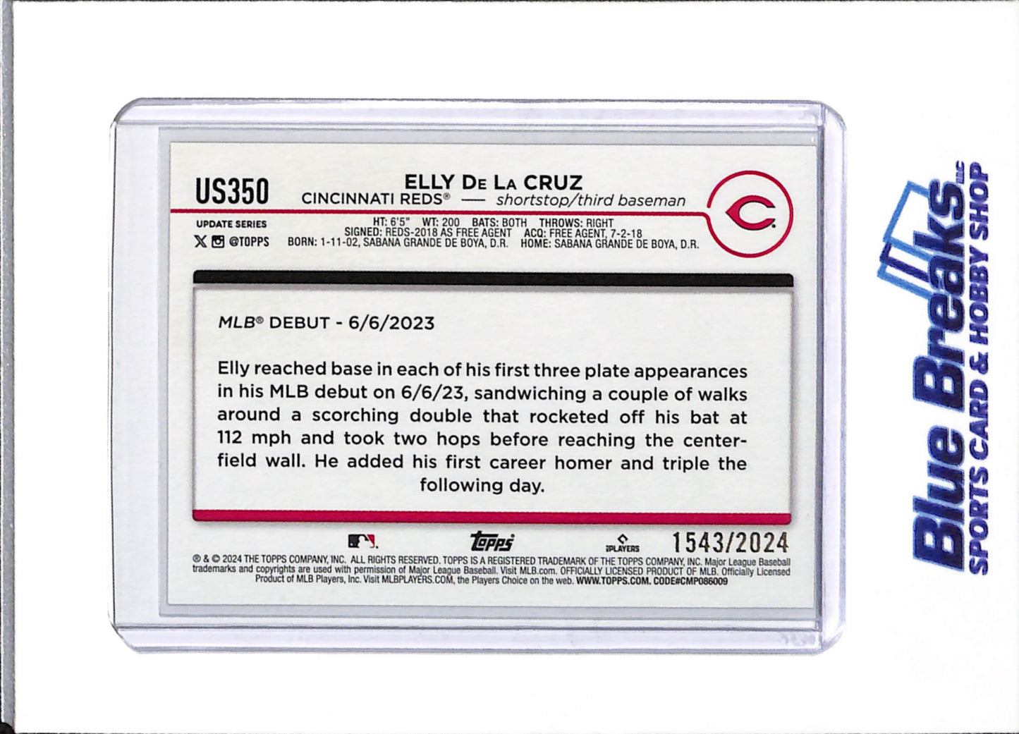 2024 Topps - Update Series - Rookie Card - Brown Border - Elly De La Cruz - 1543/2024 - #US350 - Baseball - Reds