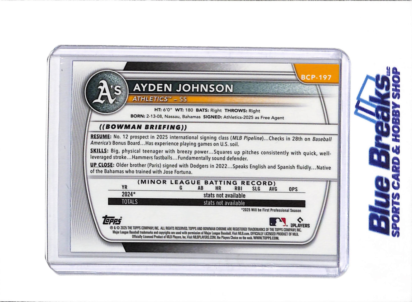2025 Topps - Bowman Chrome - 1st - Blue Refractor - Ayden Johnson - 001/150 - #BCP-197 - Baseball - Athletics
