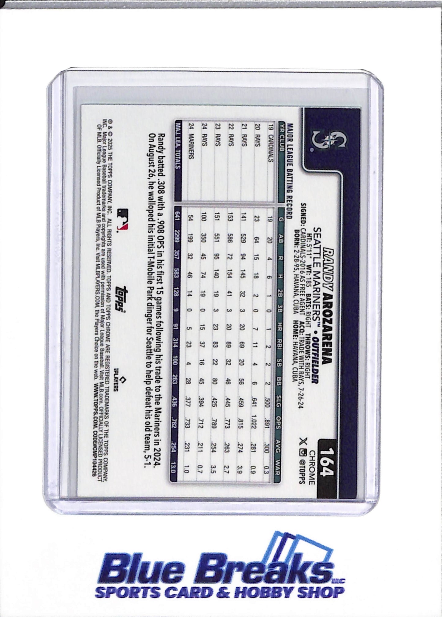 2025 Topps - Chrome - Green Boarder - Randy Arozarena - 90/99 - #164 - Baseball - Mariners - drops