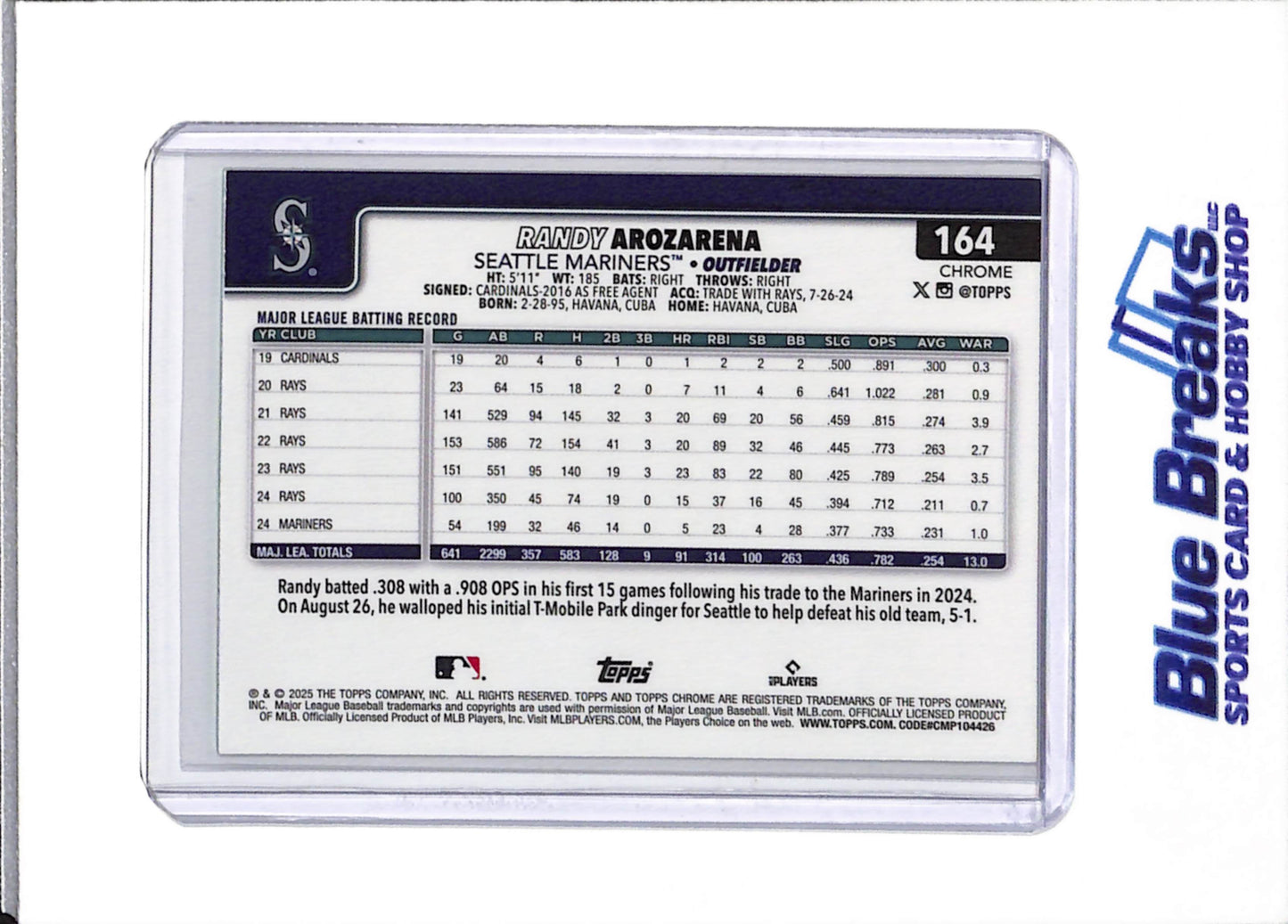 2025 Topps - Chrome - Green Border - Randy Arozarena - 90/99 - #164 - Baseball - Mariners