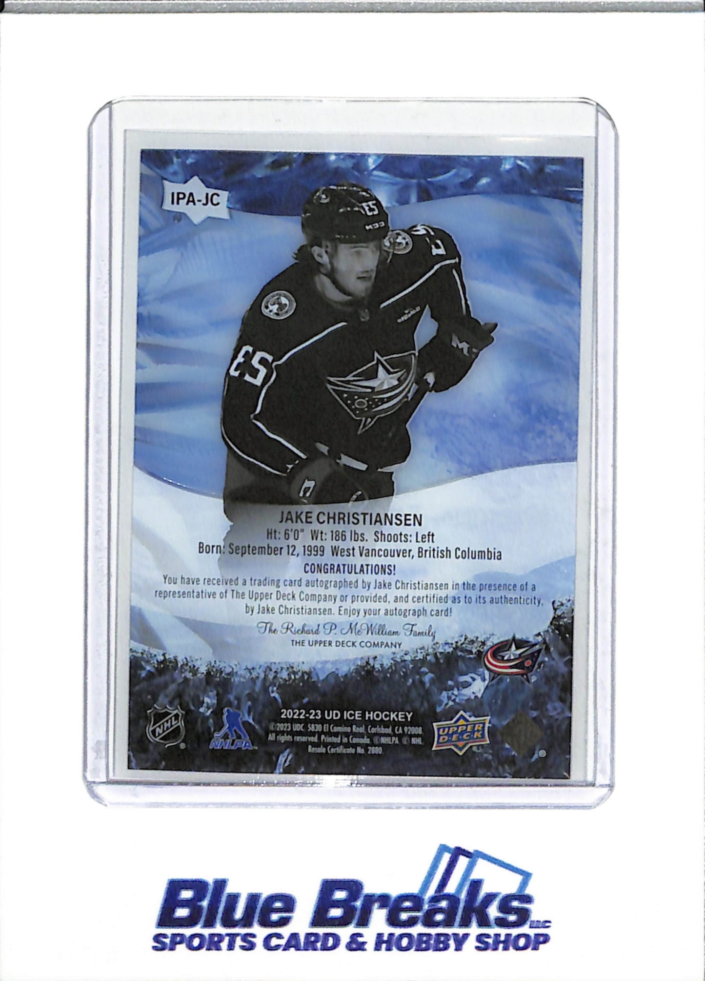 2022-23 Upper Deck - Ice Premieres Auto - Jake Christiansen - 013/199 - #IPA-JC - Ice Hockey - Blue Jackets - drop