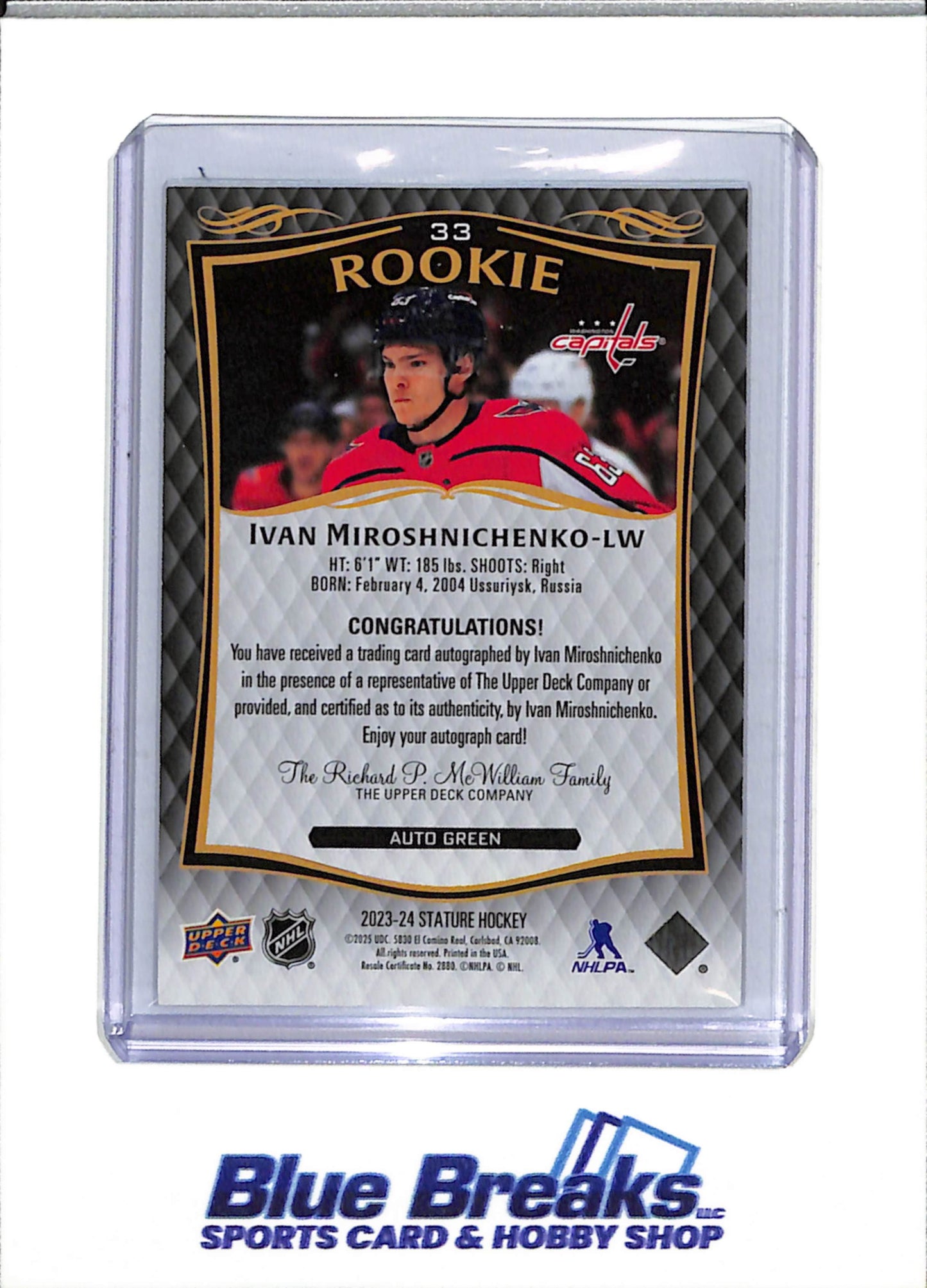 2023-24 Upper Deck - Stature Rookie Auto - Green Boarder - Ivan Miroshnichenko - 142/199 - #33 - Ice Hockey - Capitals - drop