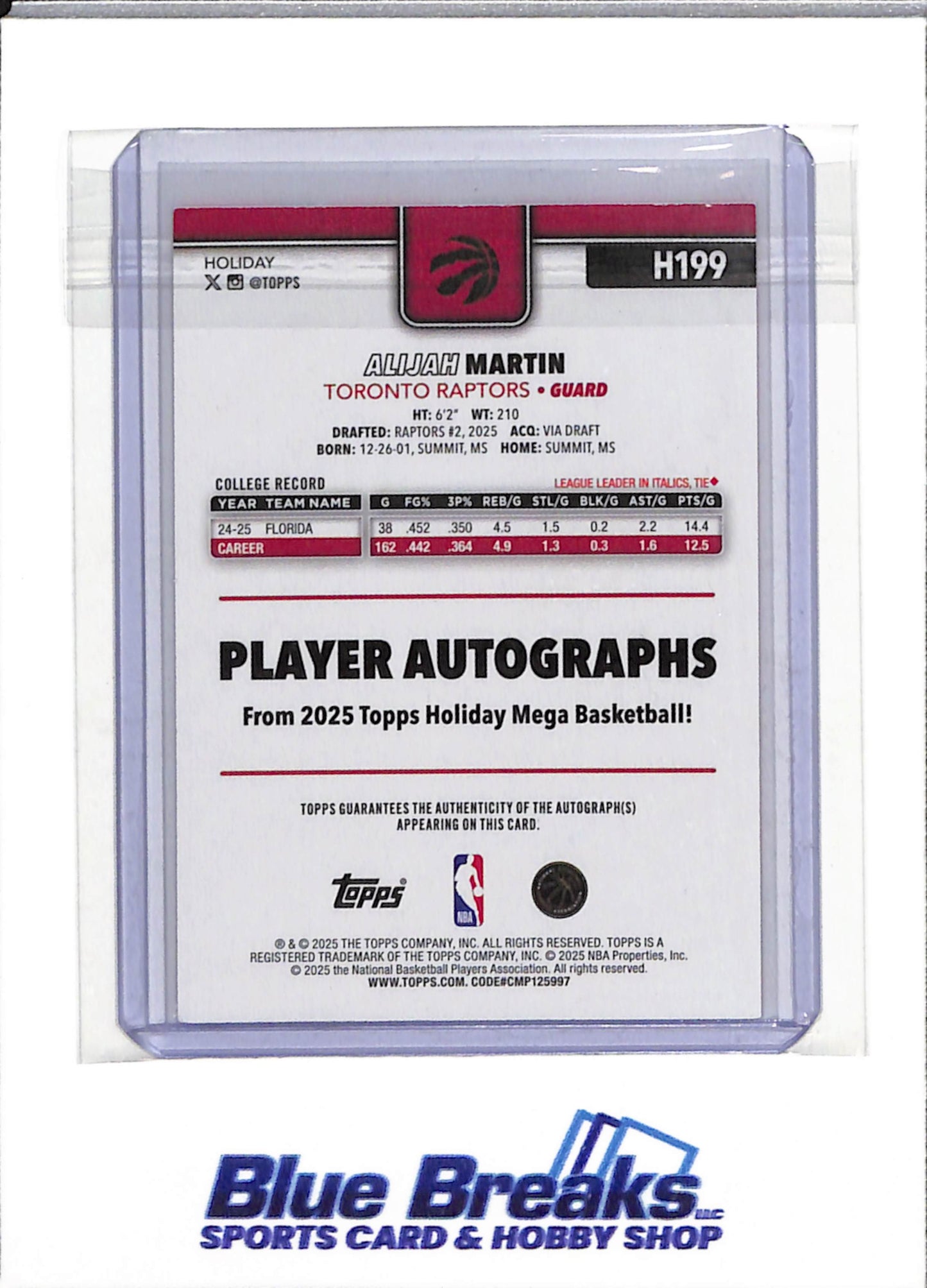 2025 Topps - Rookie Card - Red Christmas - Alijah Martin - 02/10 - H199 - Basketball - Raptors - drop
