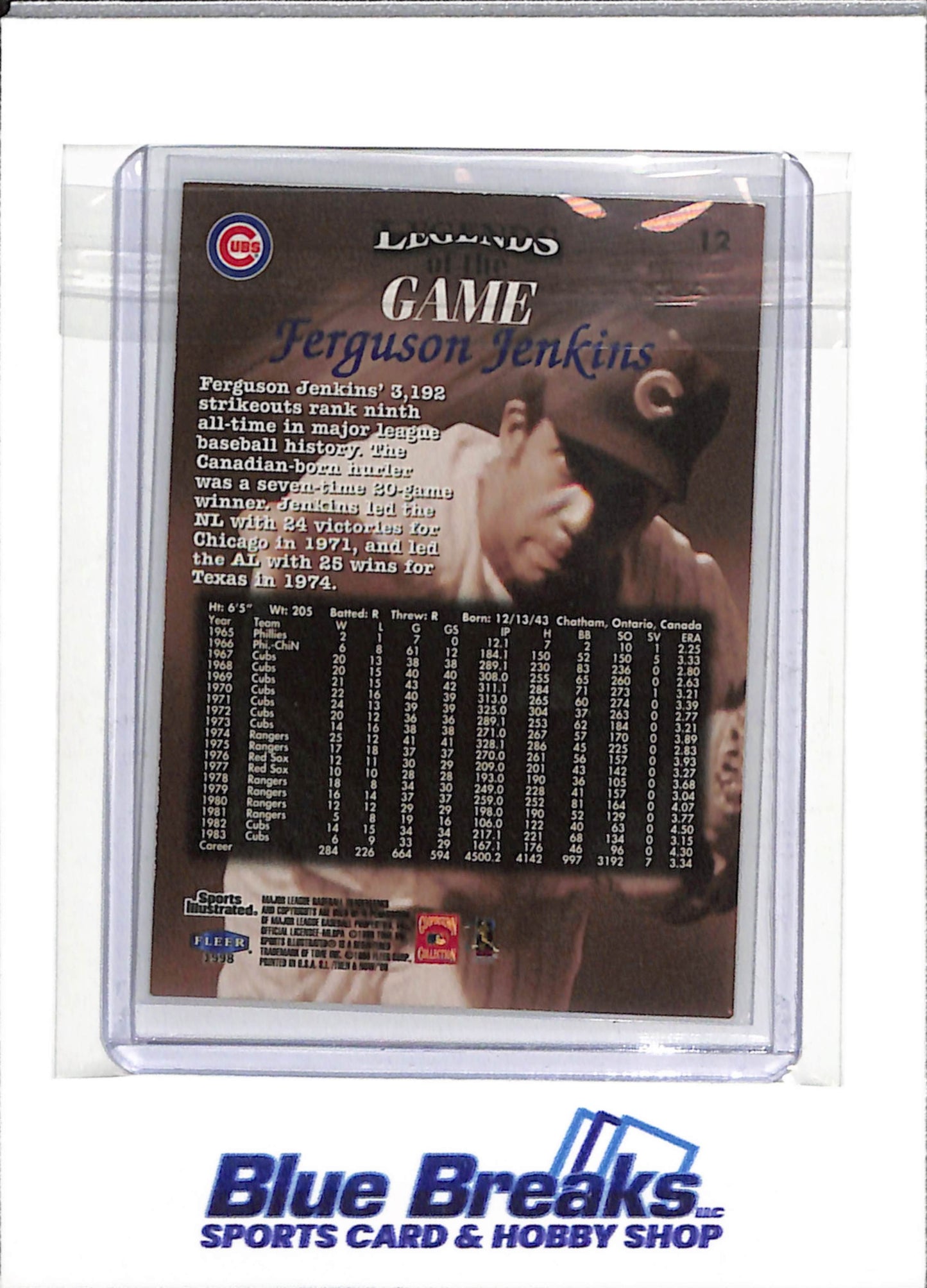 1998 Fleer - Legends of the Game - Auto - Ferguson Jenkins - #12 - Baseball - Cubs - drops