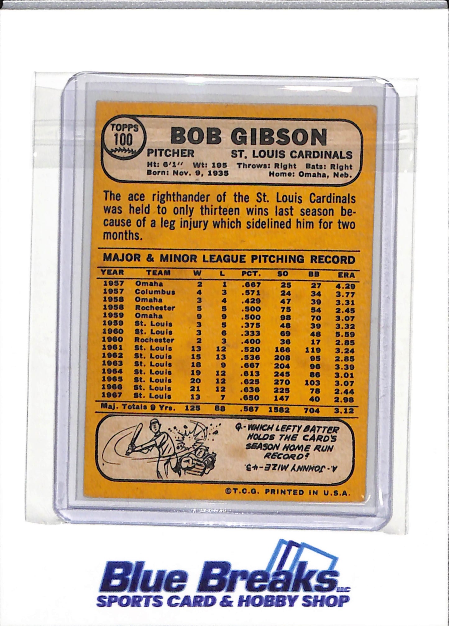 1968 Topps - Bob Gibson - #100 - Baseball - Cardinals - drop