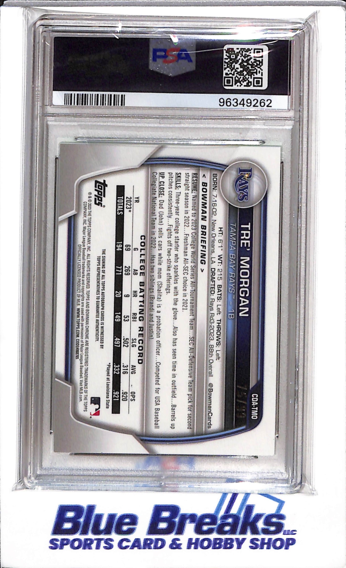 2023 Panini - Bowman Chrome - Prospect - Auto Green - Tre' Morgan - PSA9 - 75/99 - #CDA-TMO - Baseball - Ray's - drop